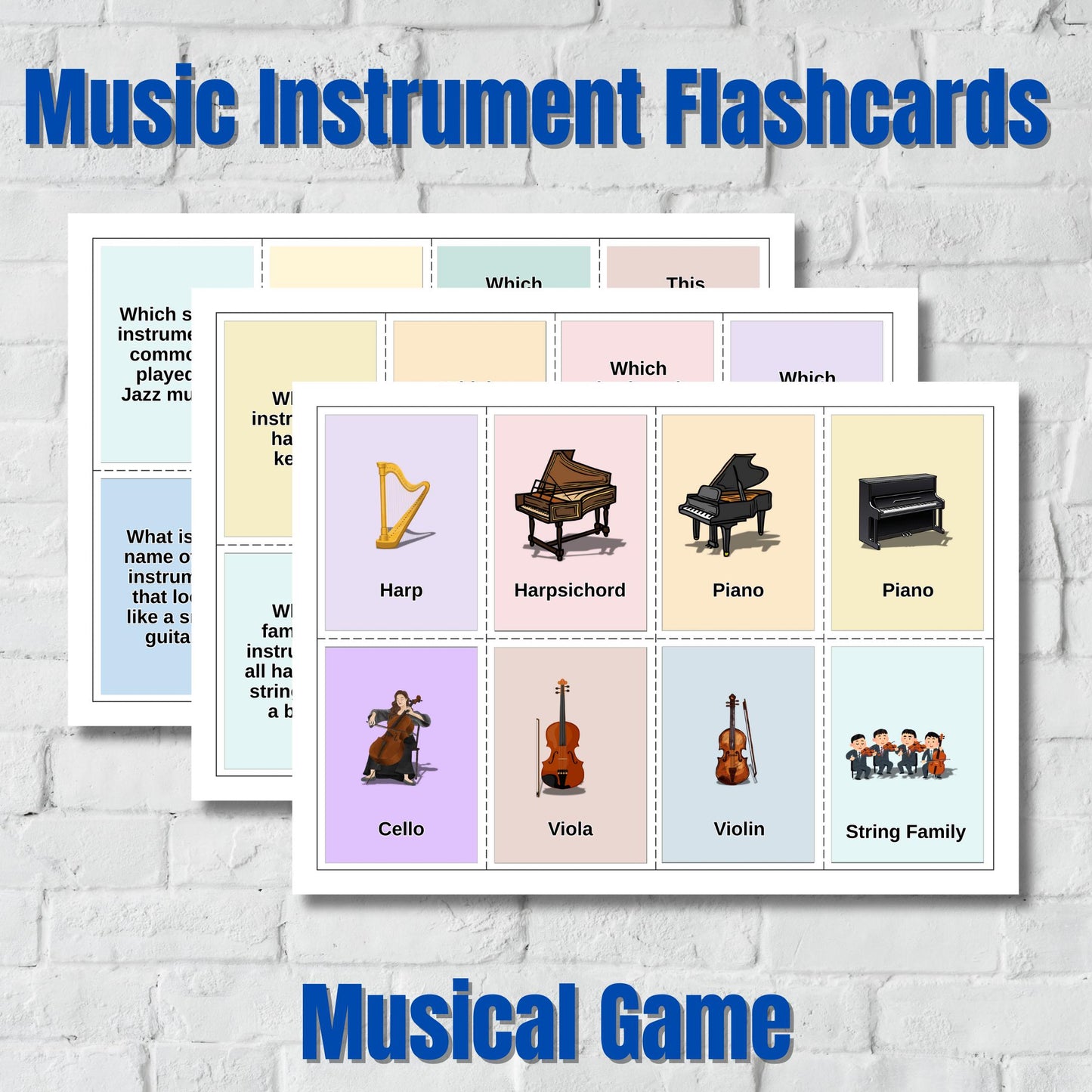 Music Instrument Flashcards Game printable PDF and PNG digital download, learn 32 instruments with clear images and names, A4 sheets with cut lines plus individual PNGs for slides, ideal for classroom games, homeschooling, and studio lessons, perfect for matching, sorting, and quick quizzes. Learn 32 instruments with this printable music flashcards game, high-resolution A4 PDF and separate PNG cards for flexible use, great for instrument recognition, orchestra