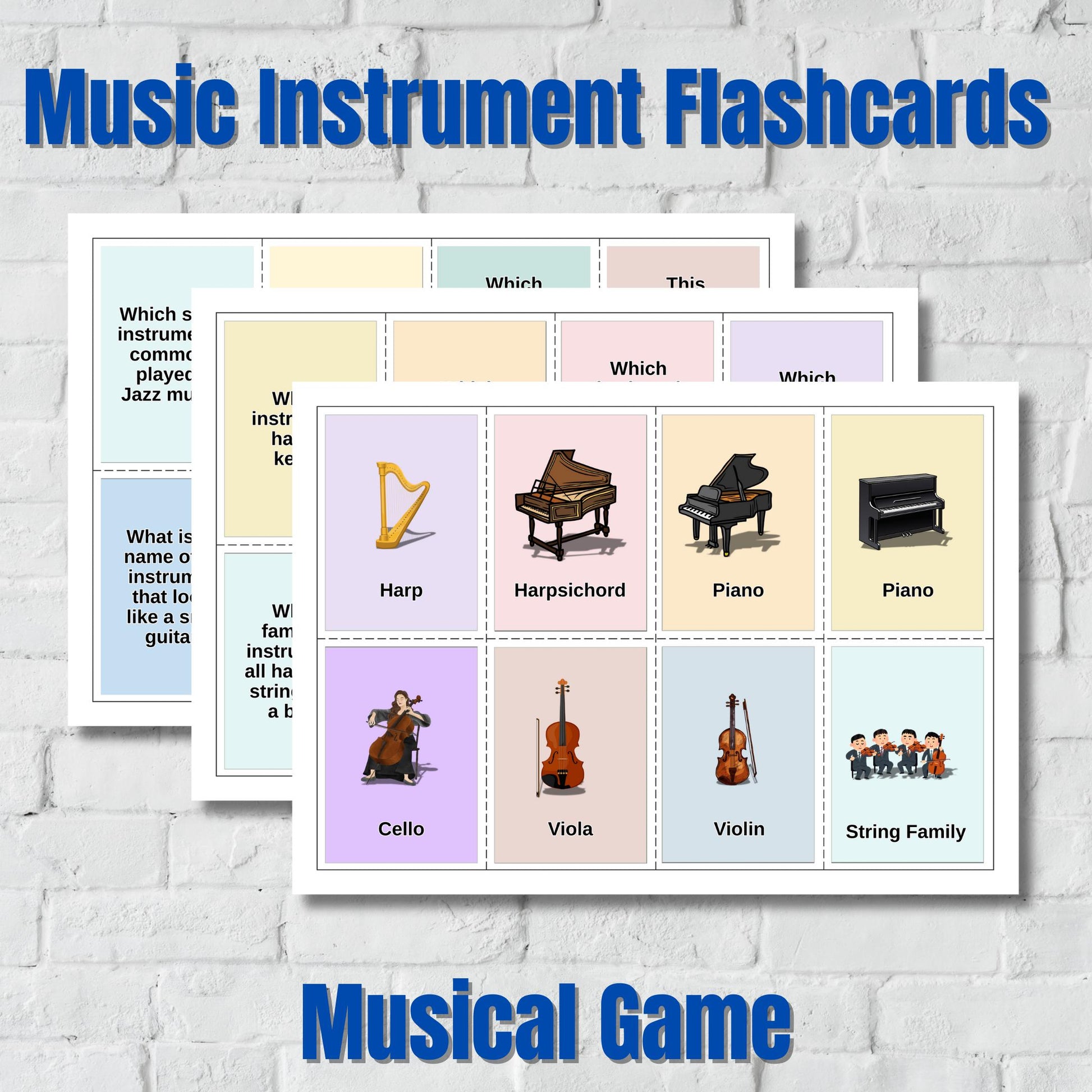 Music Instrument Flashcards Game printable PDF and PNG digital download, learn 32 instruments with clear images and names, A4 sheets with cut lines plus individual PNGs for slides, ideal for classroom games, homeschooling, and studio lessons, perfect for matching, sorting, and quick quizzes. Learn 32 instruments with this printable music flashcards game, high-resolution A4 PDF and separate PNG cards for flexible use, great for instrument recognition, orchestra