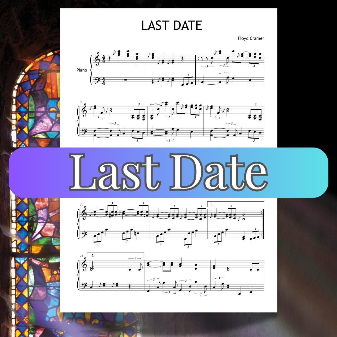 Last Date by Floyd Cramer downloadable and simplified piano sheet music PDF shown in a C-major arrangement with finger numbers, color-coded notes, note-name versions, and manuscript-based engraving, designed for intermediate players exploring the classic slip-note style.