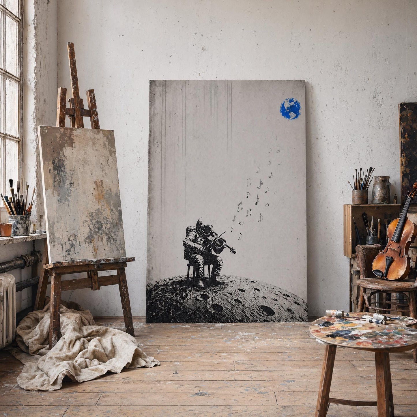 Astronaut Viola Wall Art – Minimalist Space Poster | Black White Music Print