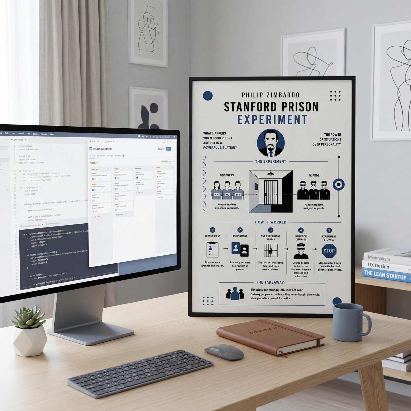 a desk with a computer monitor, keyboard, and mouse, along with a poster or presentation board displaying information about the Stanford Prison Experiment.