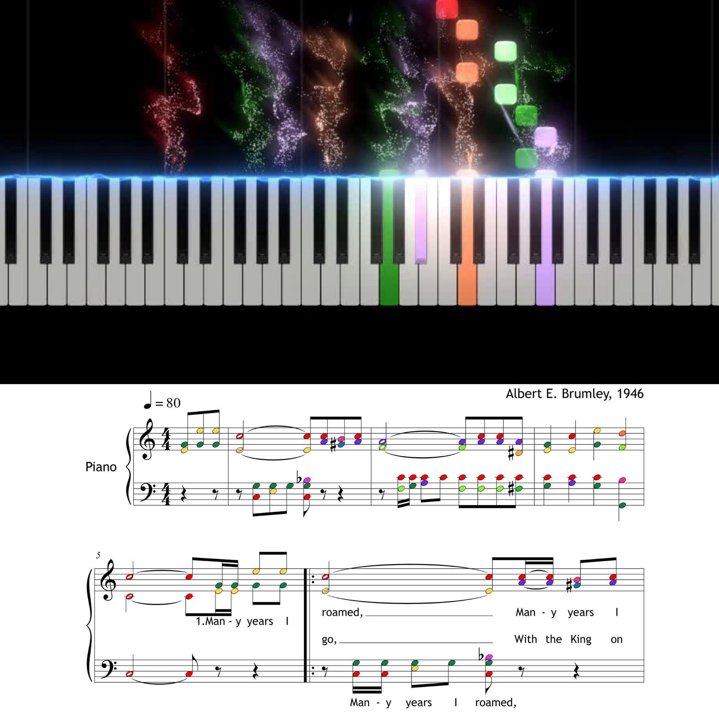I’ve Changed My Way of Living by A. E. Brumley downloadable and simplified piano sheet music PDF displayed with SATB vocal lines and piano reduction, offering note-name pages, finger numbers, and color-coded notes derived from the handwritten manuscript, ideal for church choir practice with lyrics.