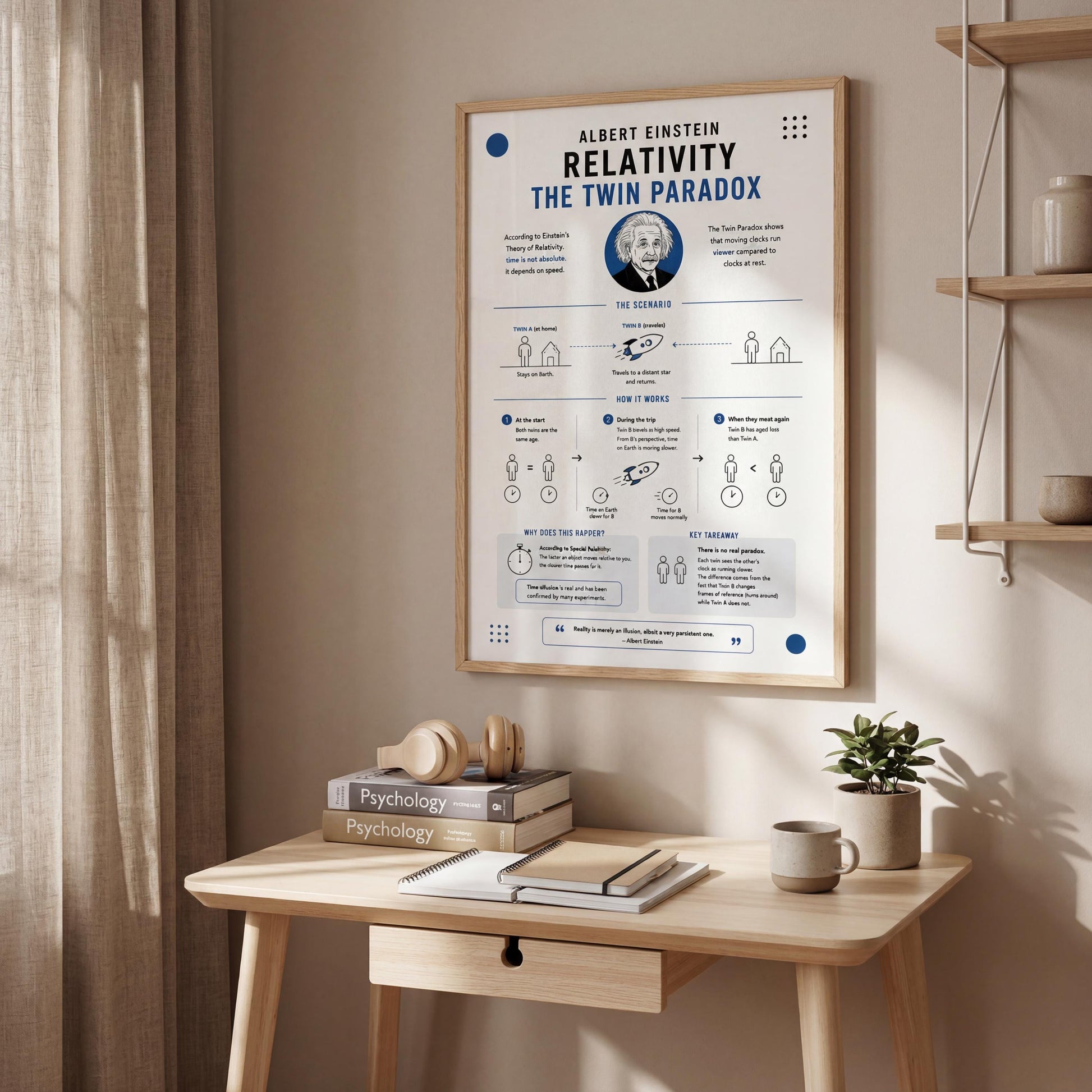 a poster of Albert Einstein's "Relativity" hanging on a wall above a wooden desk with books, a plant, and a coffee mug.