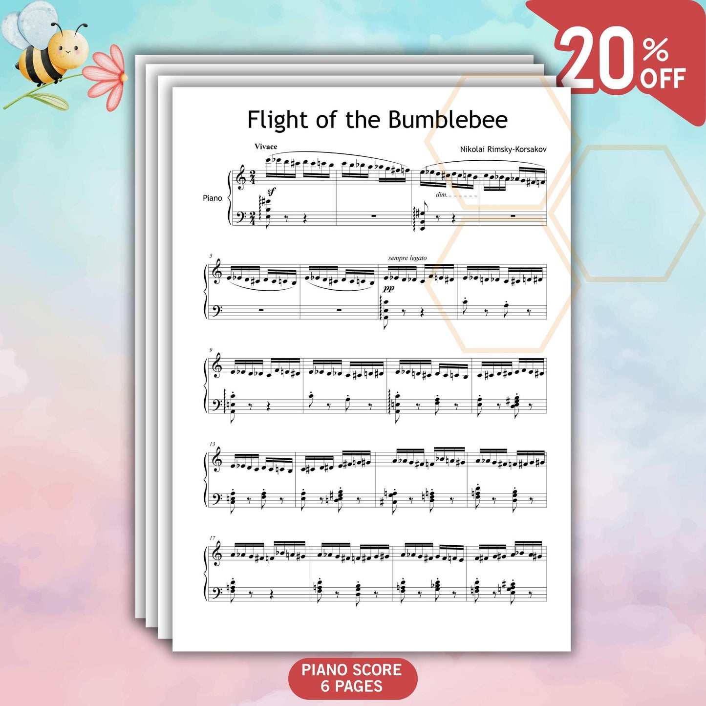 Download Flight of the Bumblebee sheet music, advanced piano solo by Rimsky-Korsakov, printable PDF with audio