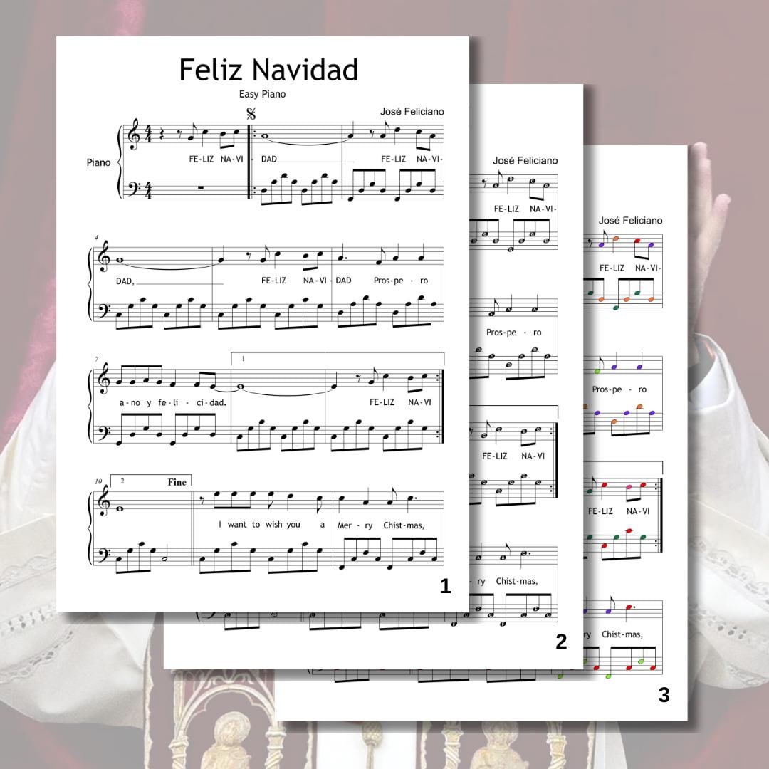 Downloadable and simplified piano sheet music PDF of Feliz Navidad, grade 2 3 piano sheet, pope singing with youth, sing with the pope initiative.