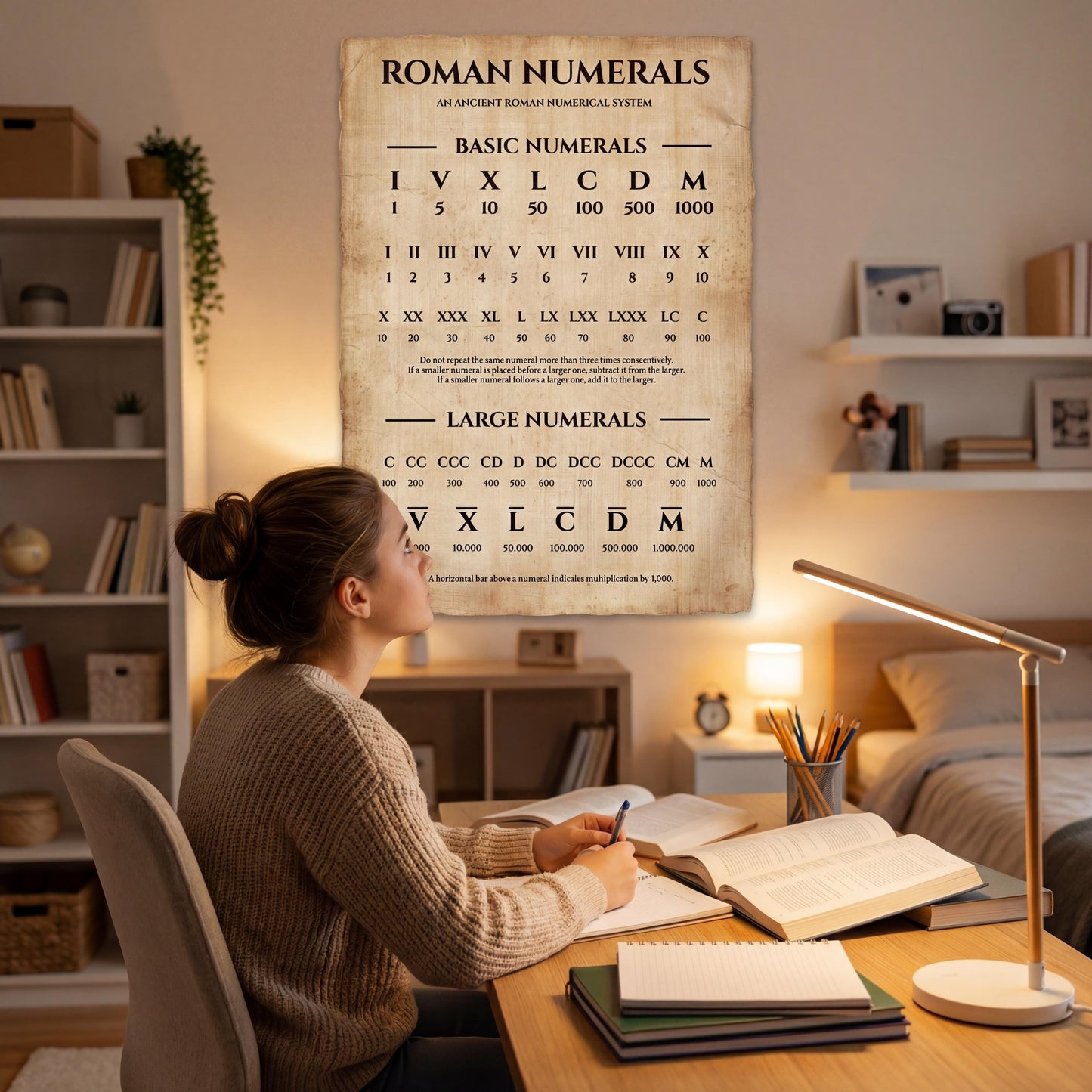 Antique Roman numerals chart printable combining decorative vintage style with functional math reference, suitable for study spaces, libraries, and teaching walls.