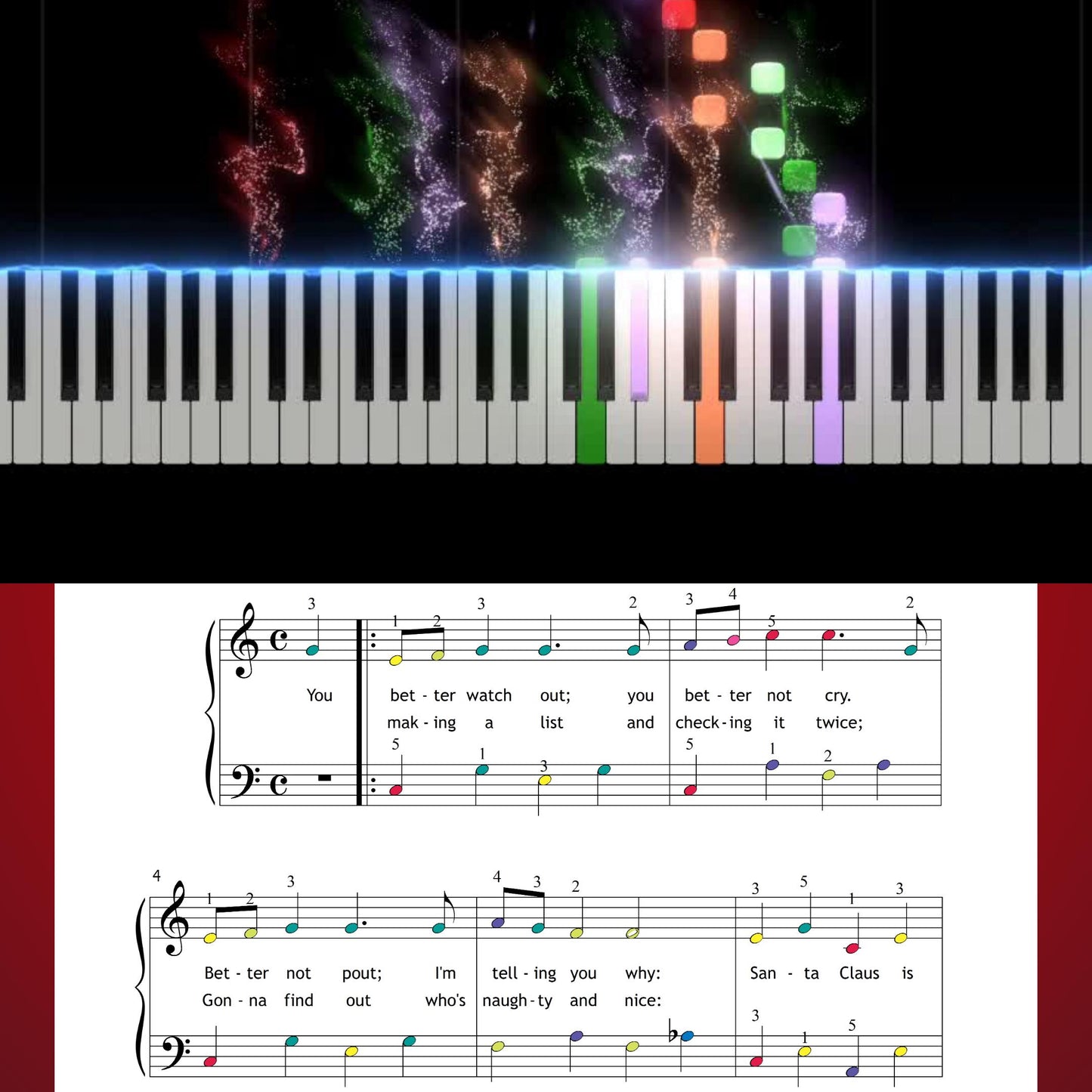 Santa Claus Is Coming to Town by Coots and Gillespie downloadable and simplified Christmas piano sheet music PDF for beginners, featuring large-print notation, holiday lyrics, color notes, and tablet-friendly pages for warm seasonal music-making.