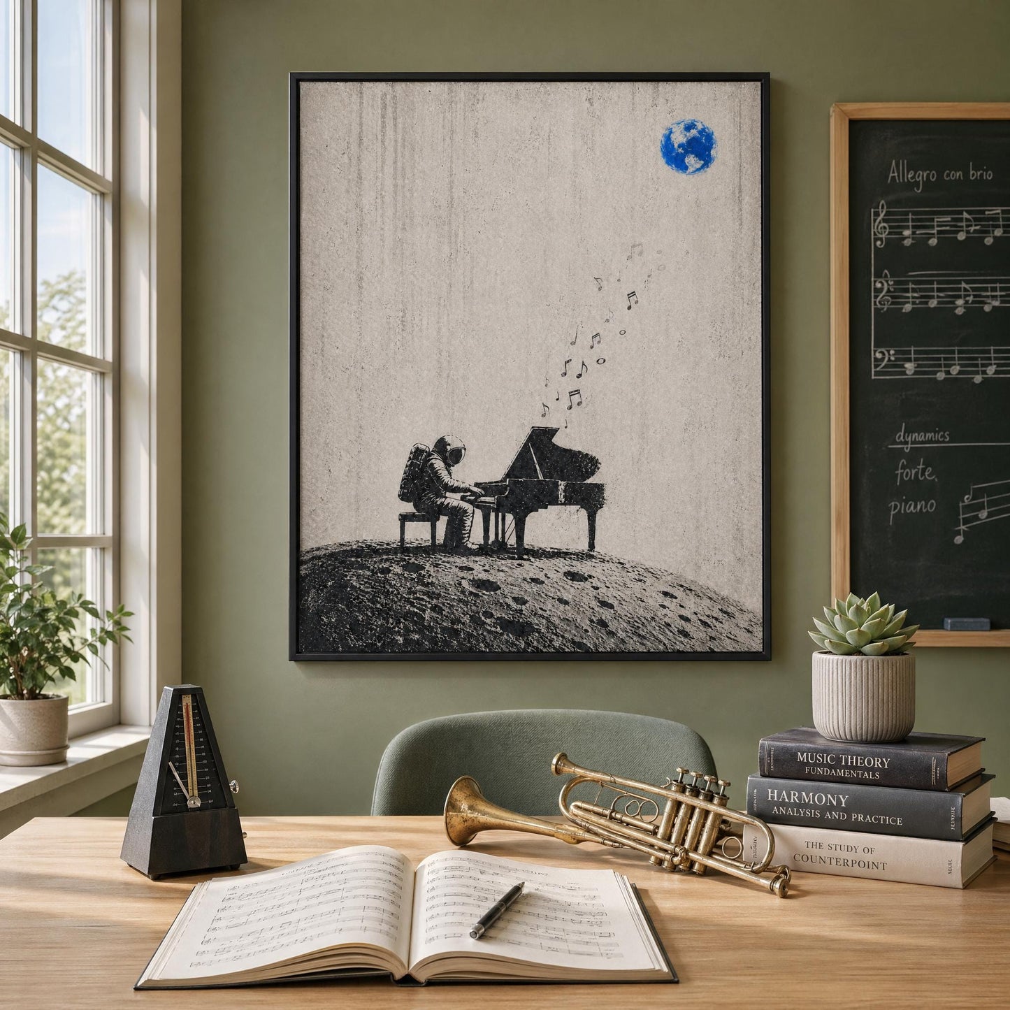 Astronaut Piano Wall Art – Minimalist Space Art | Black White Poster Digital Download