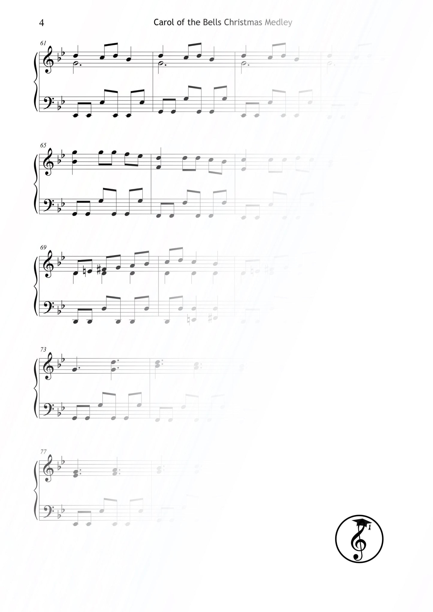 Printable Carol of the Bells Christmas Medley – Grade 4 piano arrangement of the famous Christmas carol. Beautifully engraved sheet music PDF for students and teachers. Perfect for recitals, church services, and winter festivals. A festive piano favorite, instantly downloadable.