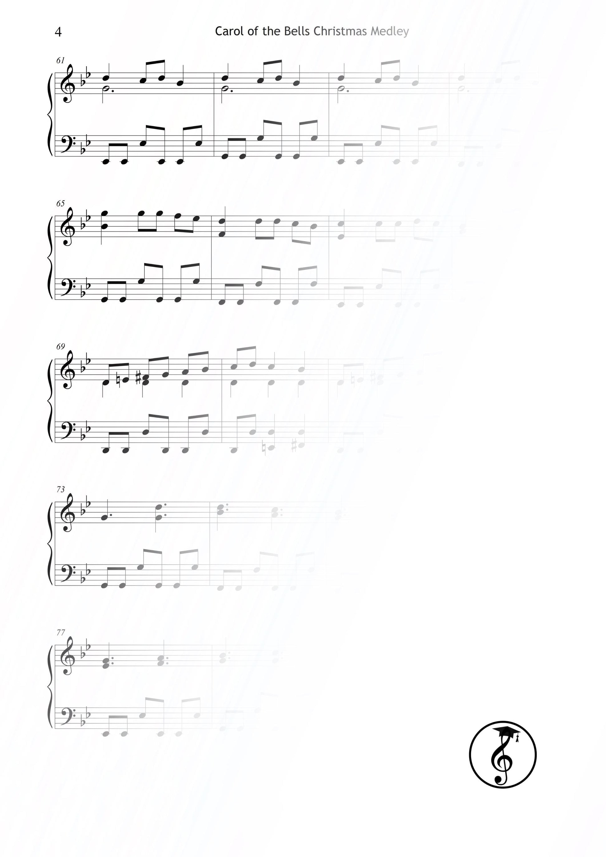 Printable Carol of the Bells Christmas Medley – Grade 4 piano arrangement of the famous Christmas carol. Beautifully engraved sheet music PDF for students and teachers. Perfect for recitals, church services, and winter festivals. A festive piano favorite, instantly downloadable.