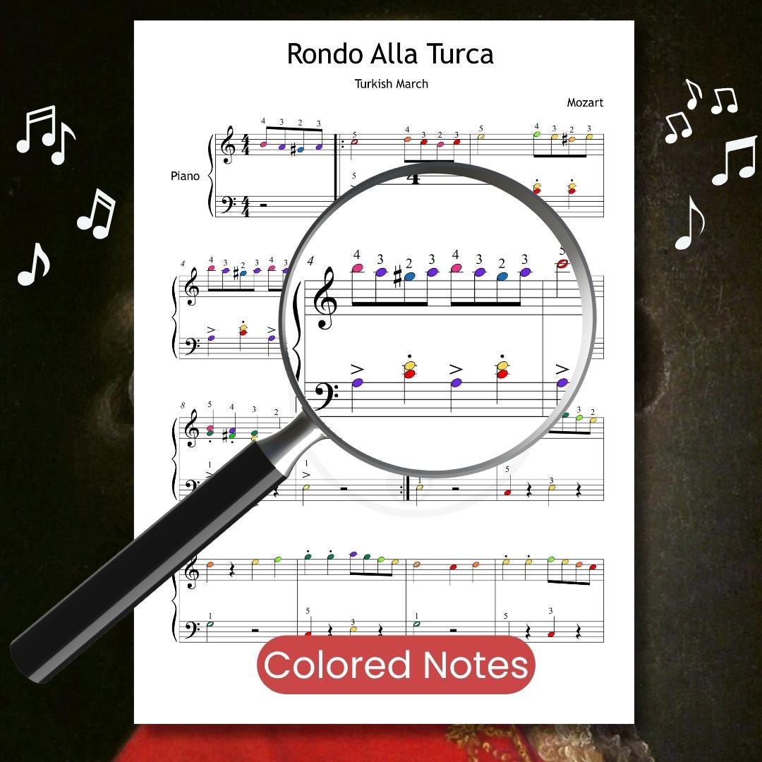 Flat lay of Alla Turca by Mozart Grade 3 sheet music with headphones and MP3 player, printable PDF with letter names, perfect for home practice and study.