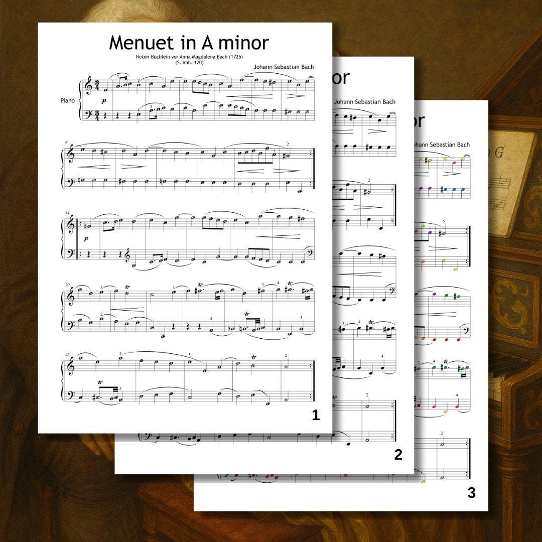 Menuet in A Minor by Johann Sebastian Bach – downloadable and simplified piano sheet music PDF featuring all six versions in one bundle. A clear overview for educators to select and assign suitable formats for individual student needs.