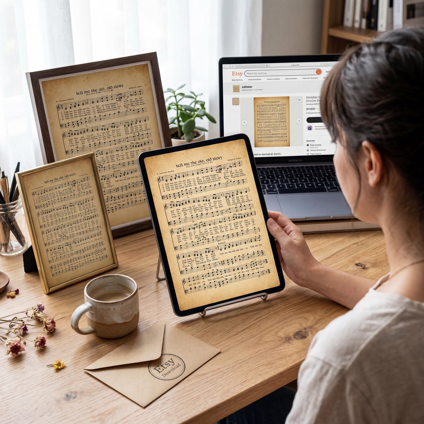 A person is sitting at a desk, holding a tablet displaying sheet music, with a laptop and framed sheet music in the background.