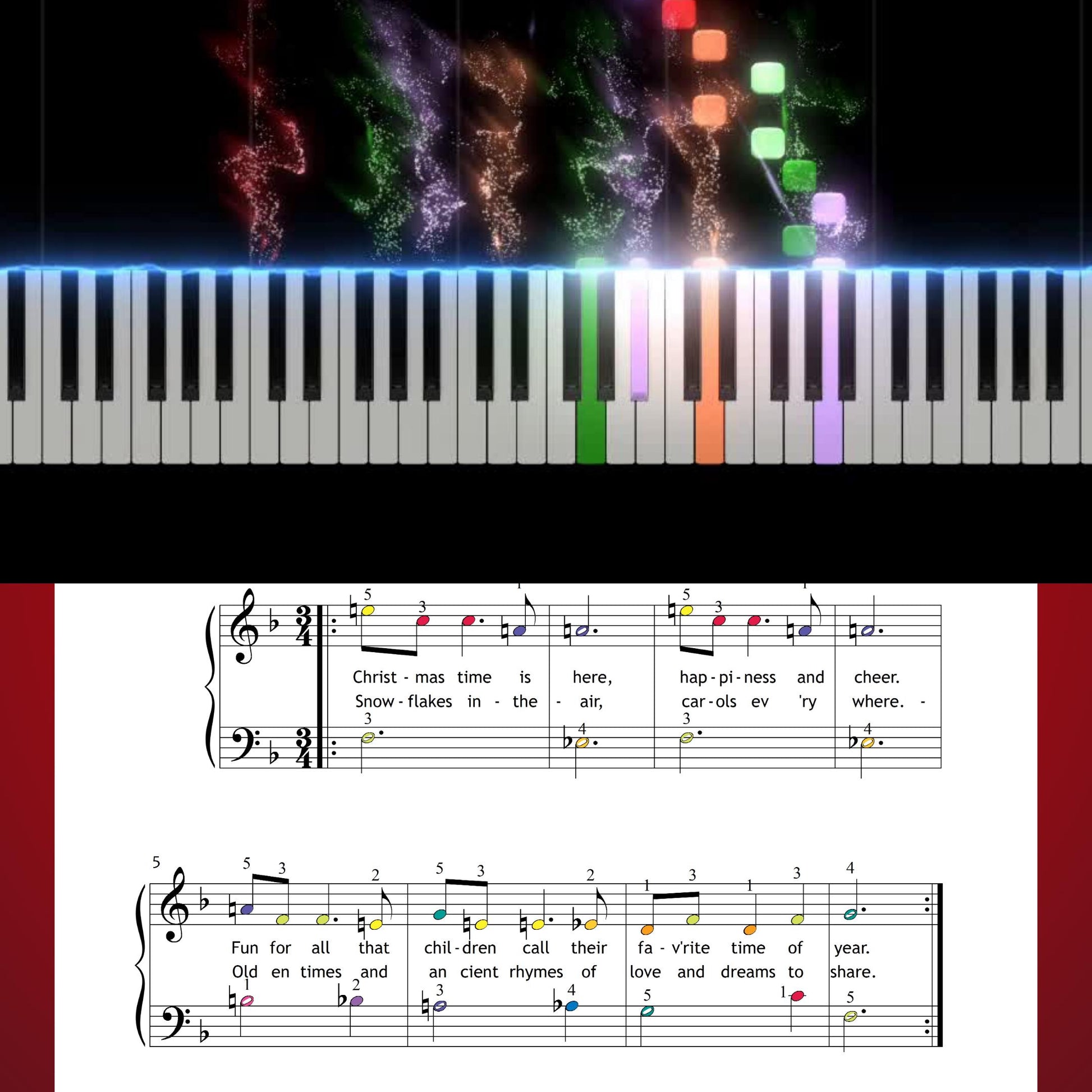 Christmas Time Is Here by Vince Guaraldi downloadable and simplified piano sheet music PDF ideal for last-minute Christmas gifts 2025 shoppers presents personalised digital Christmas printables with easy lyrics, finger numbers, note-name support and color notes for instant festive use.