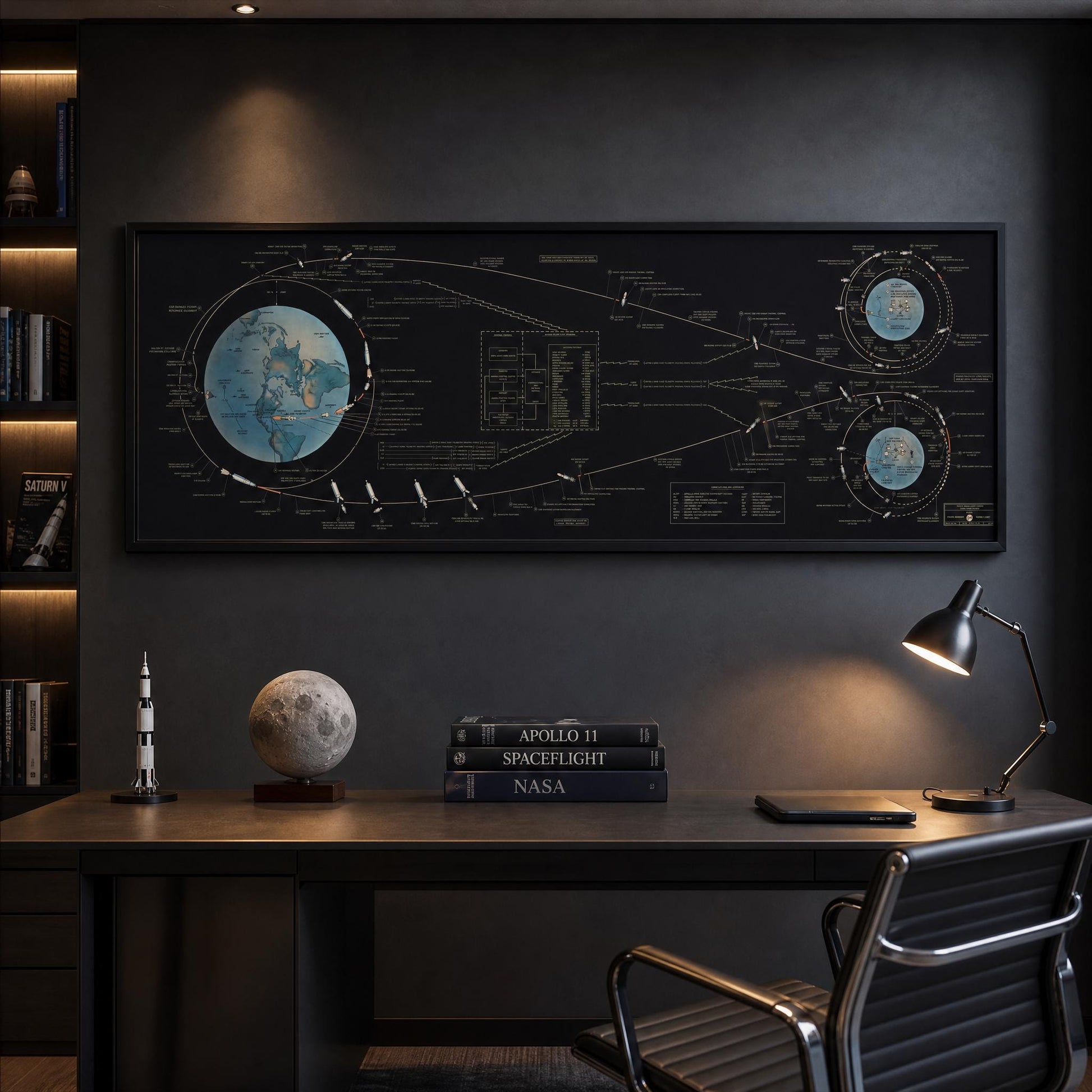 Apollo 11 mission trajectory chart printable high-resolution wall art with detailed spacecraft operations and iconic NASA technical infographic aesthetics