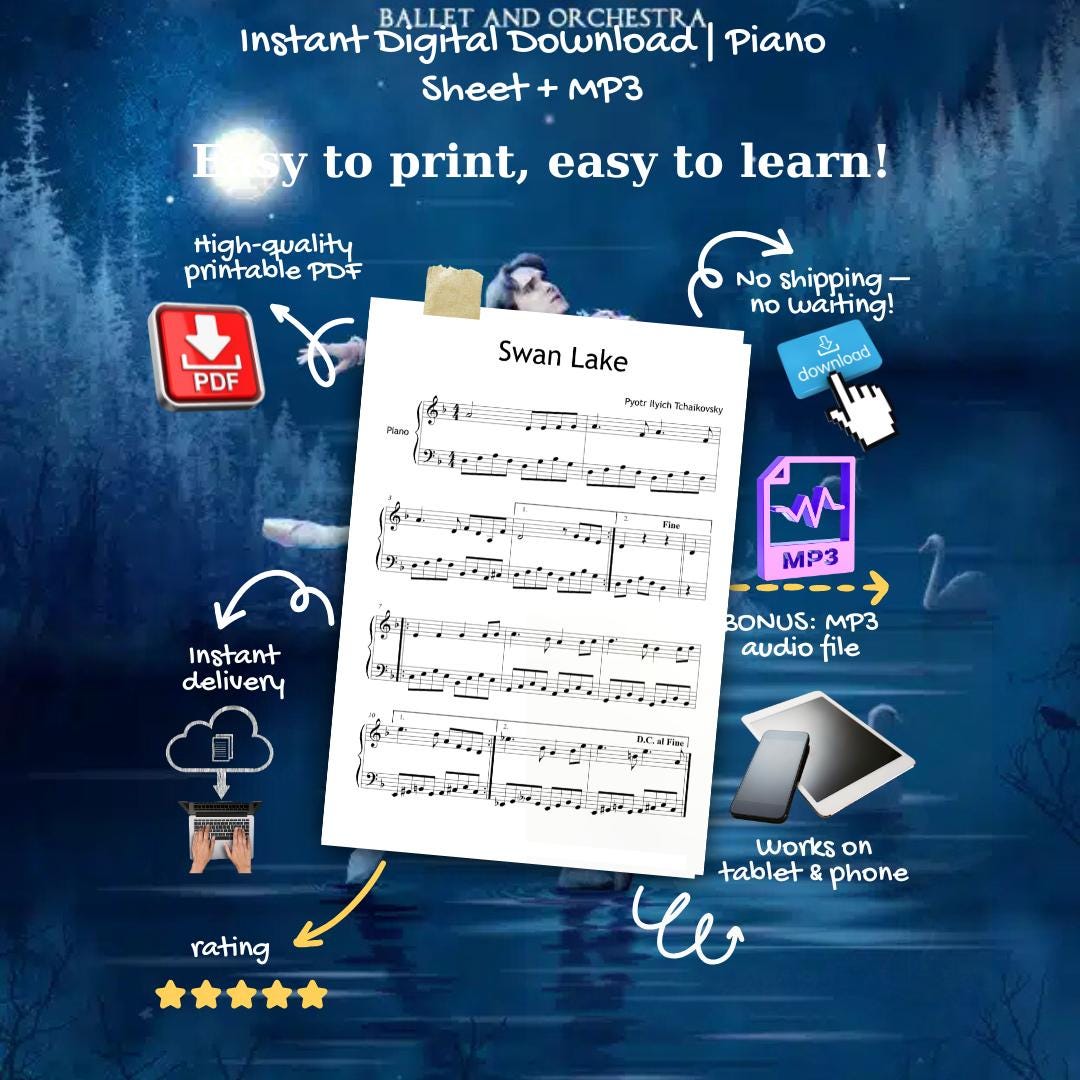 Swan Lake Theme by Pyotr Ilyich Tchaikovsky downloadable and simplified piano sheet music PDF shown with the full Grade 3 learning bundle featuring MP3 reference audio, tutorial video, finger numbers, note names, color-coded notes, and manuscript-based engraving for expressive classical study.