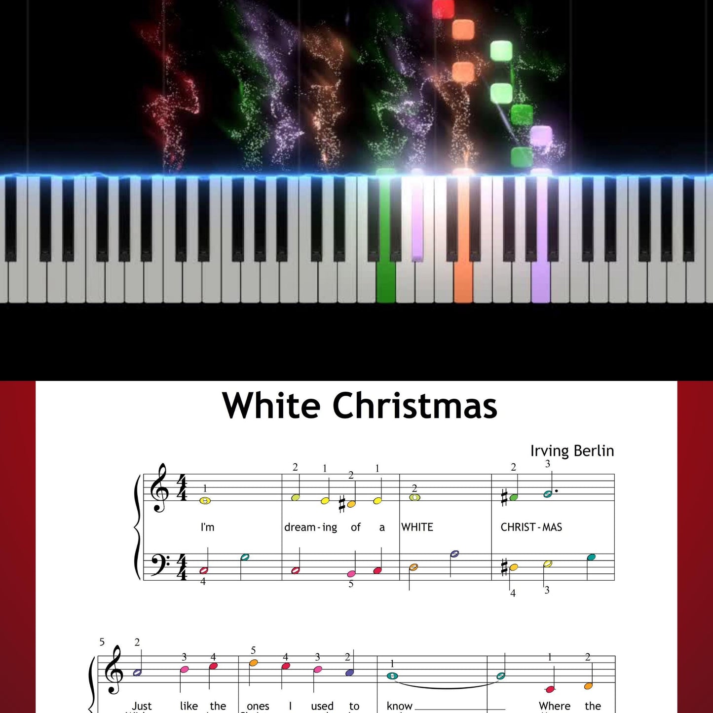 White Christmas by Irving Berlin beginner piano sheet music PDF gives learners a calm and steady arrangement with lyrics aligned to the melody, ideal for both printed copies and tablet reading.