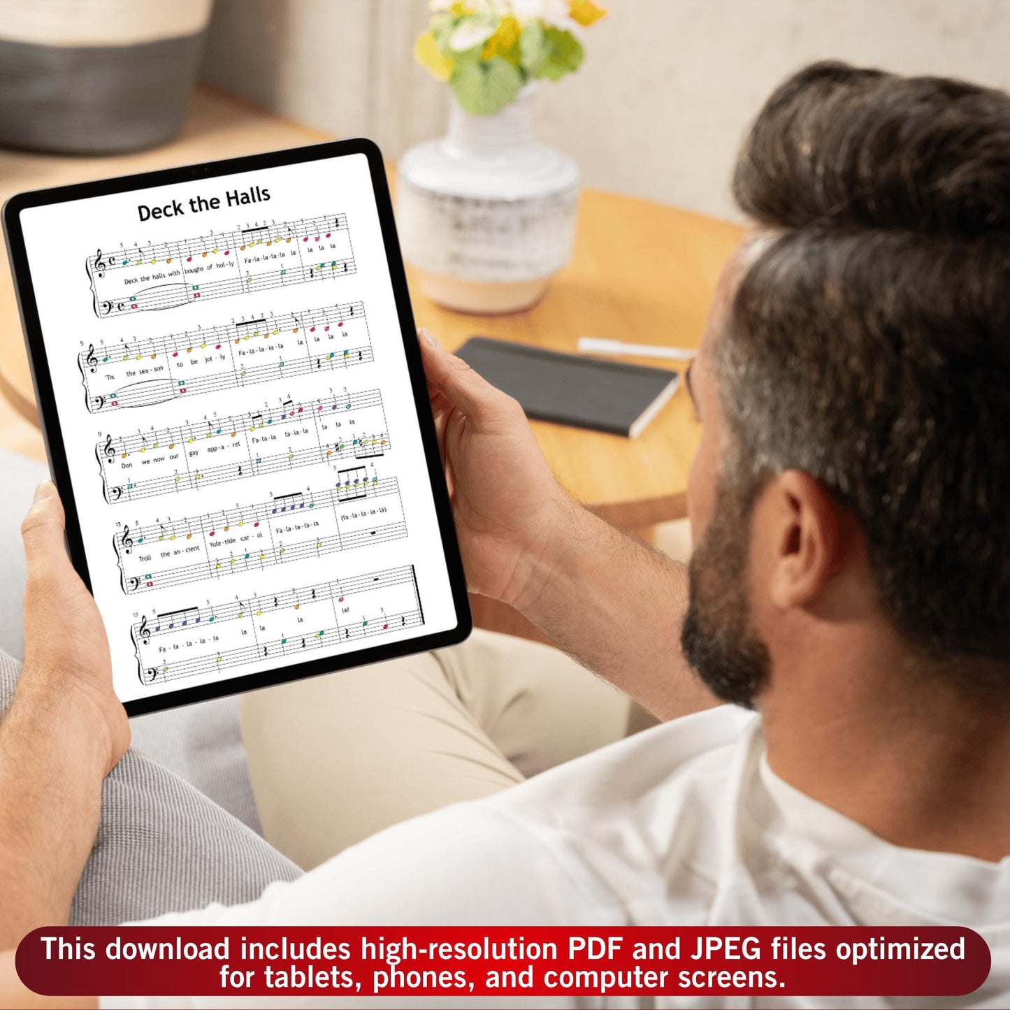 Deck the Halls by Traditional downloadable and simplified piano sheet music PDF provides a fun Christmas printable worksheet inspired by Christmas gifts 2025, offering lyrics, finger numbers, note names and color notes that support beginners in building confidence and musical fluency.