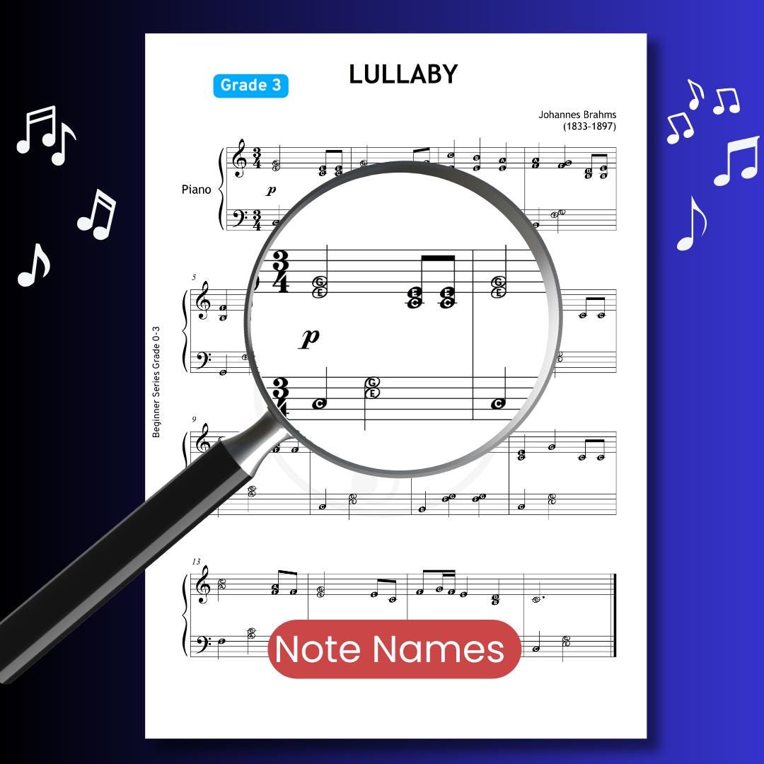 Brahms Lullaby Grade 3 Piano Sheet - Digital PDF with Finger Numbers, Note Names, MP3 & Color-Coded Learning Tools