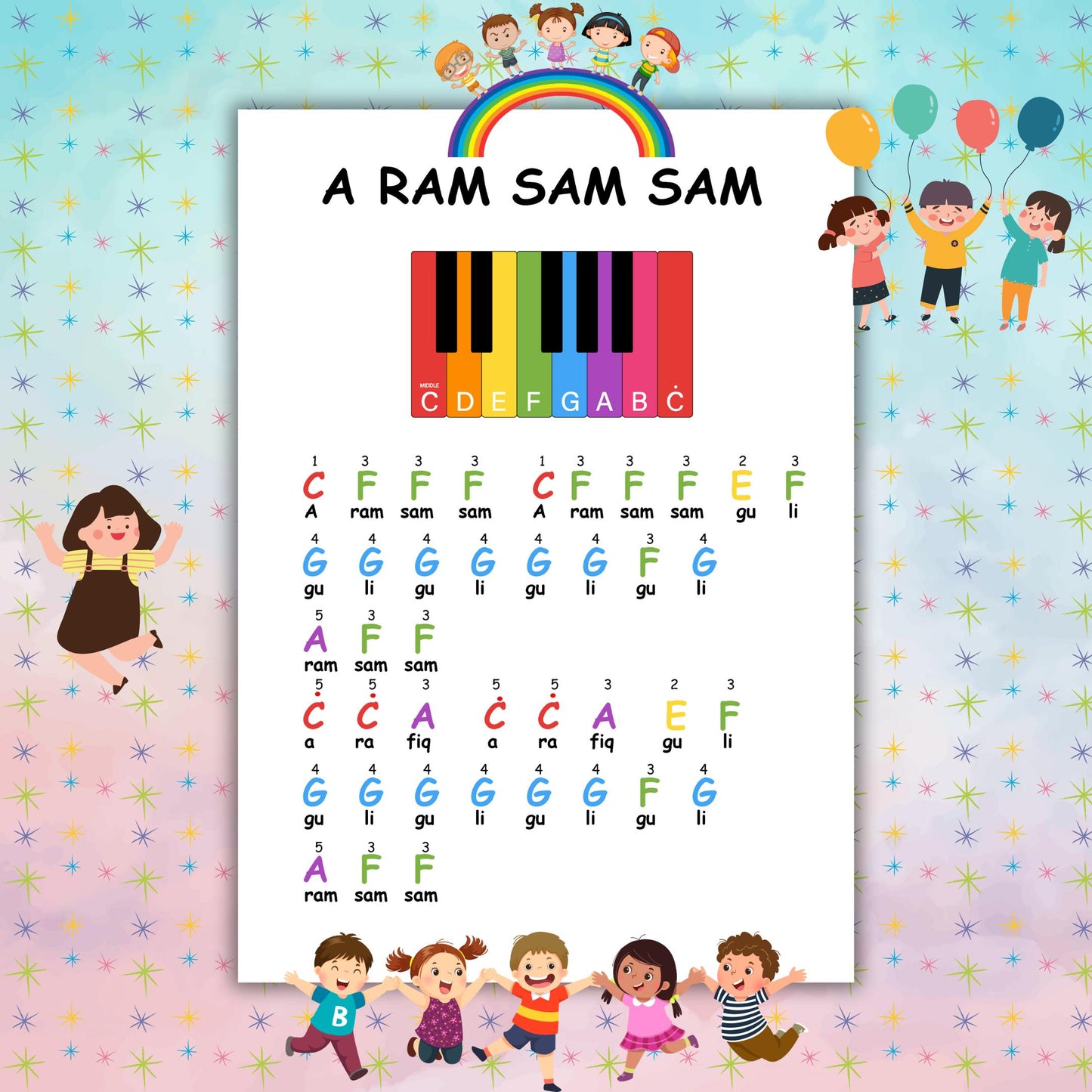 A Ram Sam Sam – downloadable and simplified piano sheet music PDF with color-coded notes, letter names, and one-hand layout for beginners. Perfect for toddlers, preschoolers, and early piano learners. Includes printable PDF and visual guide for easy home or classroom practice.