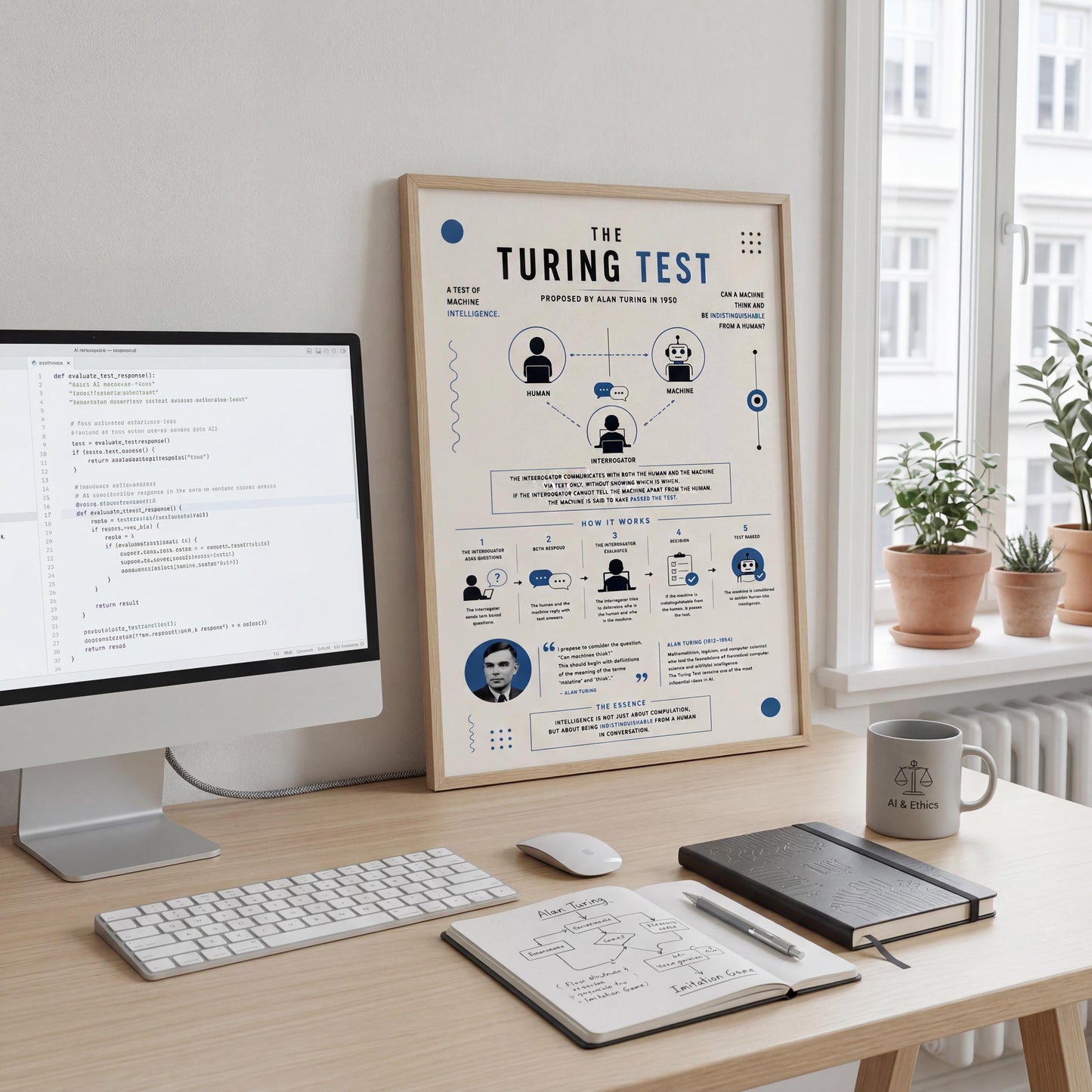 a desk with a computer monitor, keyboard, mouse, and various office supplies such as a notebook, pen, and mug. There is also a framed poster or infographic on the desk, which appears to be related to a "Turing Test" or machine learning concept.