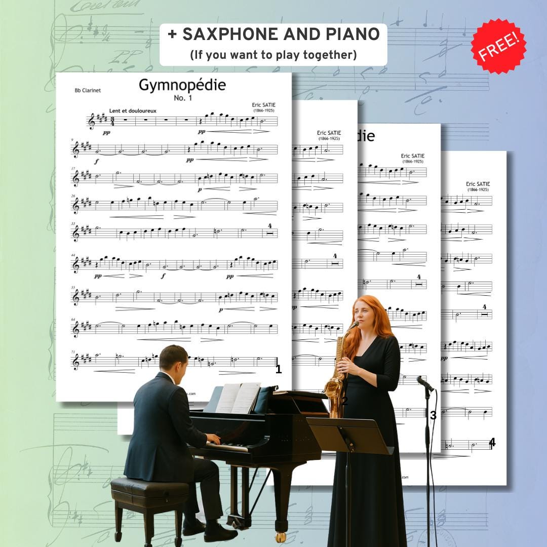 Gymnopédie No. 1 by Erik Satie, Intermediate Piano Sheet Music PDF (Grade 4–5) 4 Versions + MP3, Video, Violin, Flute, Clarinet, Saxophone, All notes in this edition are faithfully transcribed from the composer’s autograph manuscript of Gymnopédie No.1. piano sheet music, easy piano sheets, french piano music, simlple piano notes, easy piano