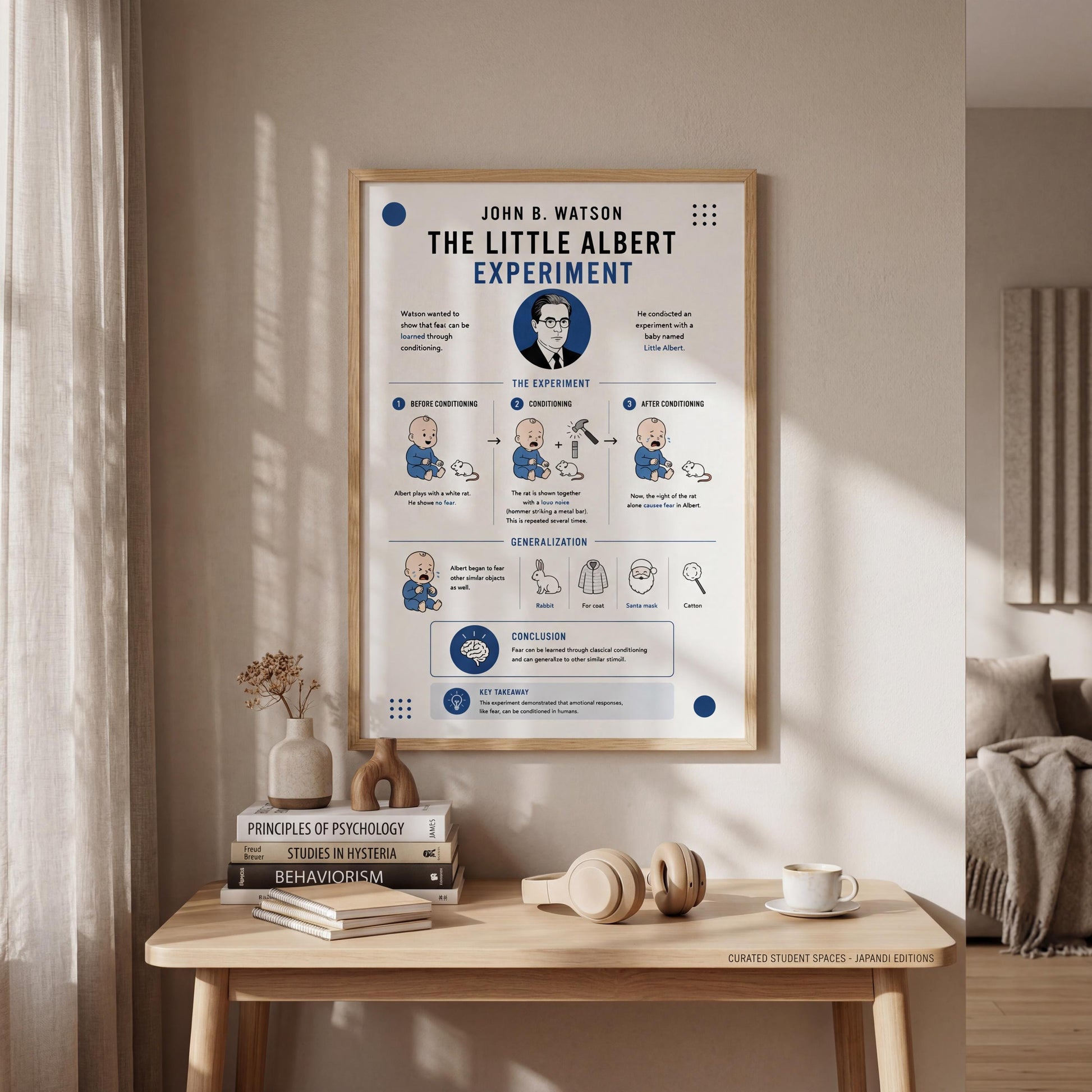 a poster hanging on a wall above a table