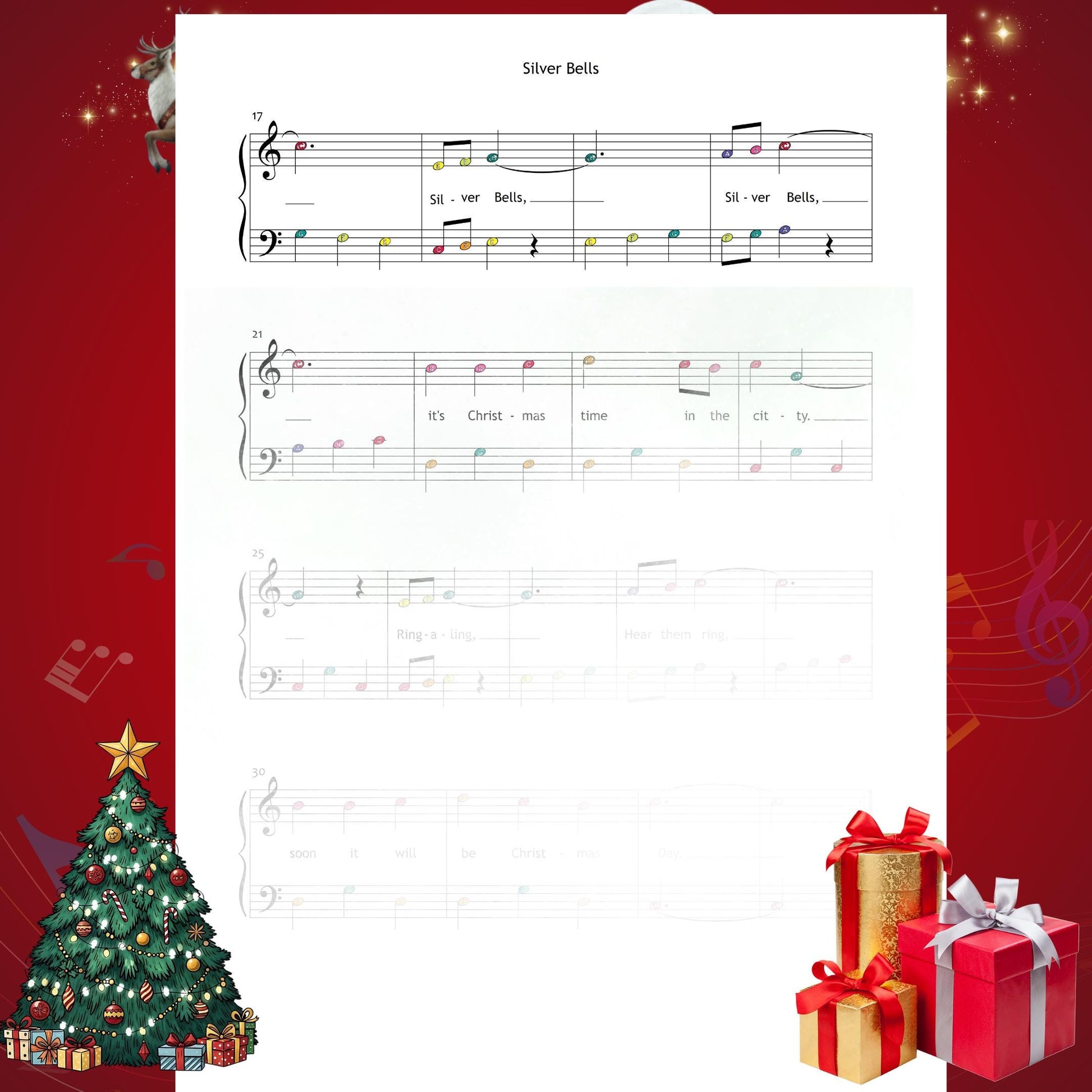 Silver Bells by Livingston & Evans downloadable and simplified piano sheet music PDF arranged for Grade 1 holiday repertoire with color notes, note names, finger-numbered technique, and large-print Christmas formatting.