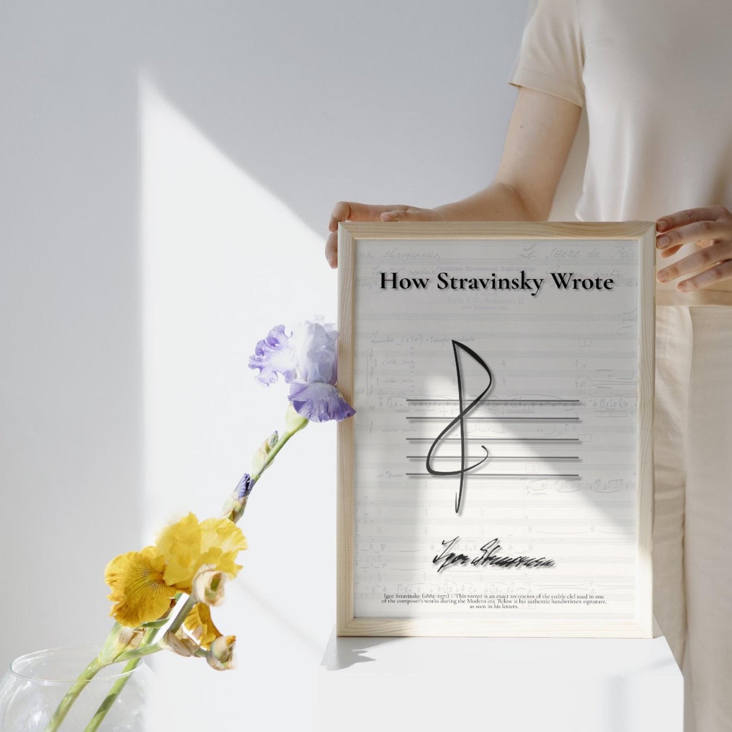 Vintage Music Manuscript Poster Set featuring treble clef handwriting and authentic signatures of famous composers Vivaldi, Bach, Haydn, Mozart, Beethoven, Schubert, Brahms, Debussy, Stravinsky, and Shostakovich. High-resolution printable wall art for music lovers and classical decor.