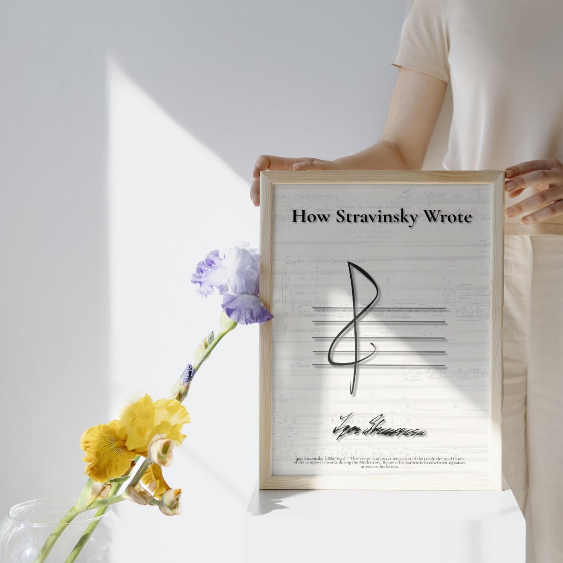 Vintage Music Manuscript Poster Set featuring treble clef handwriting and authentic signatures of famous composers Vivaldi, Bach, Haydn, Mozart, Beethoven, Schubert, Brahms, Debussy, Stravinsky, and Shostakovich. High-resolution printable wall art for music lovers and classical decor.