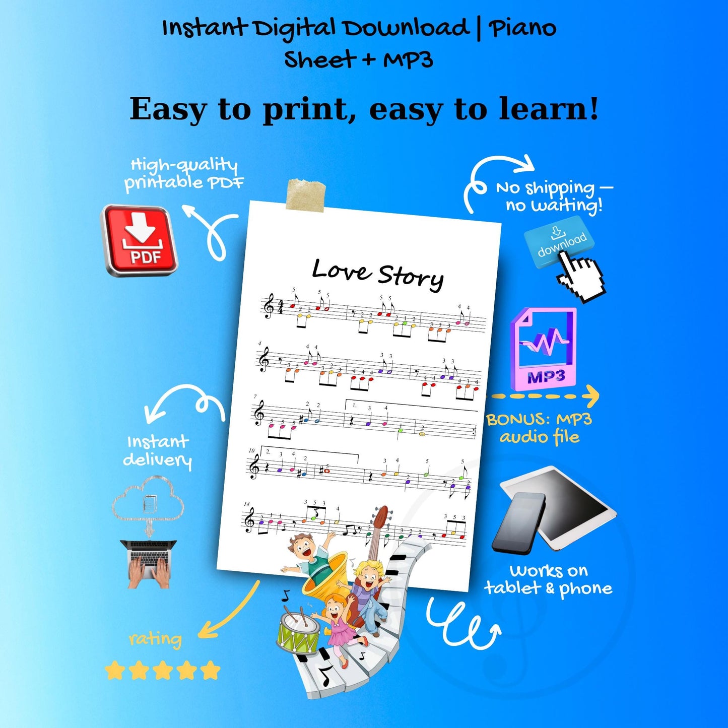 Love Story | Grade 0 Beginner Piano Sheet Music PDF Download with Color Coded Notes and Video Tutorial