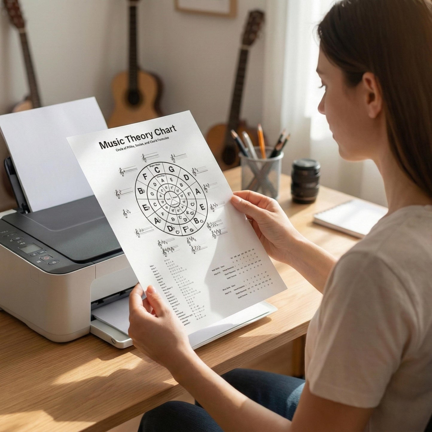 Music Theory Chart – Circle of Fifths, Scales and Chord Formulas shown as a clean educational reference displaying the full circle of fifths with major and minor keys, scale patterns, and common chord formulas in a structured, easy-to-read layout for students.