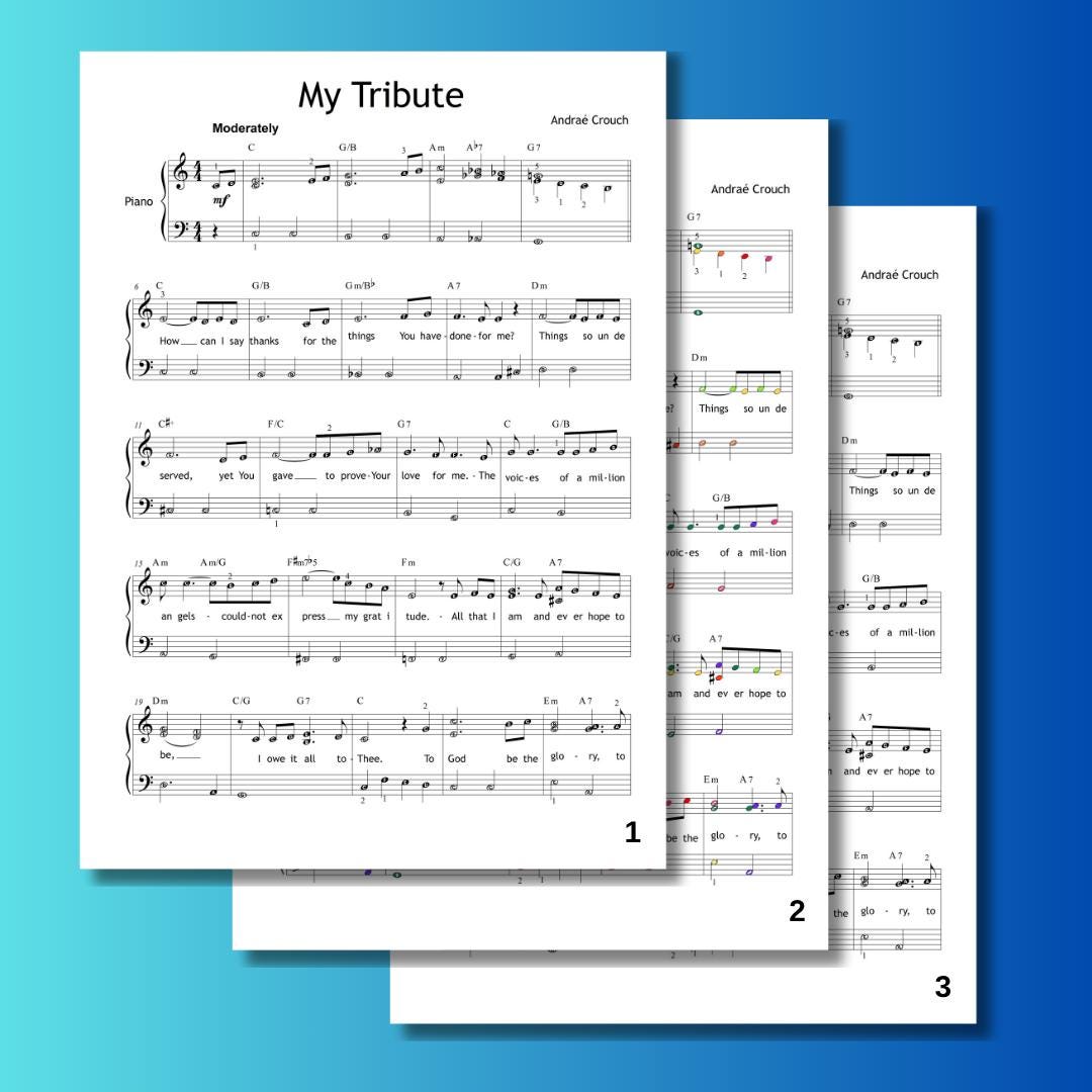 Worship piano sheet music for My Tribute with lyrics by Andraé Crouch. This downloadable PDF includes gospel harmony and singable text, great for soloists or church pianists. Ready to use for devotional or liturgical performances.