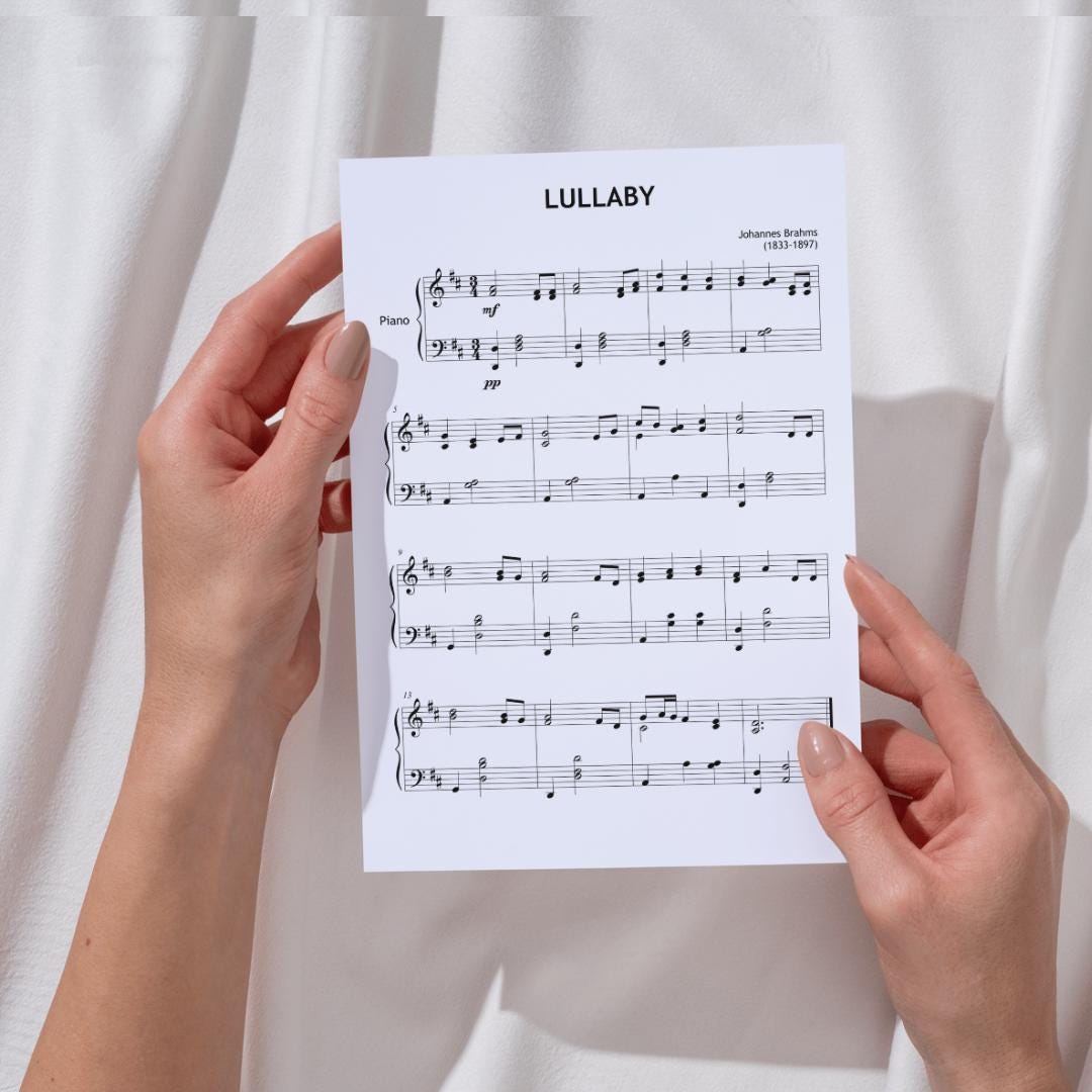 Brahms Lullaby Grade 4 Piano Sheet - Digital Download with Finger Numbers, Colored Notes, MP3, Tutorial Video