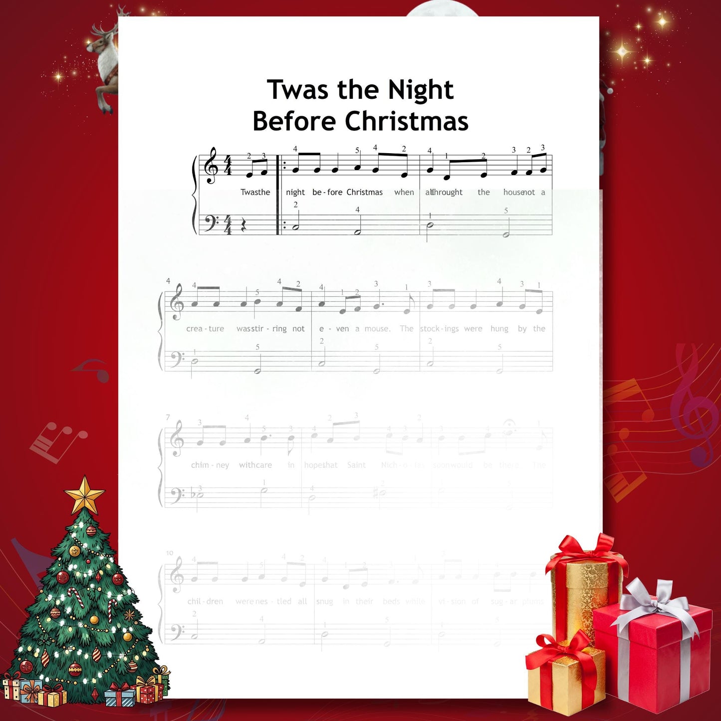 ’Twas the Night Before Christmas by Traditional beginner piano sheet music PDF features lyrics under the staff and clear spacing, helping beginners follow the text while maintaining consistent tempo.
