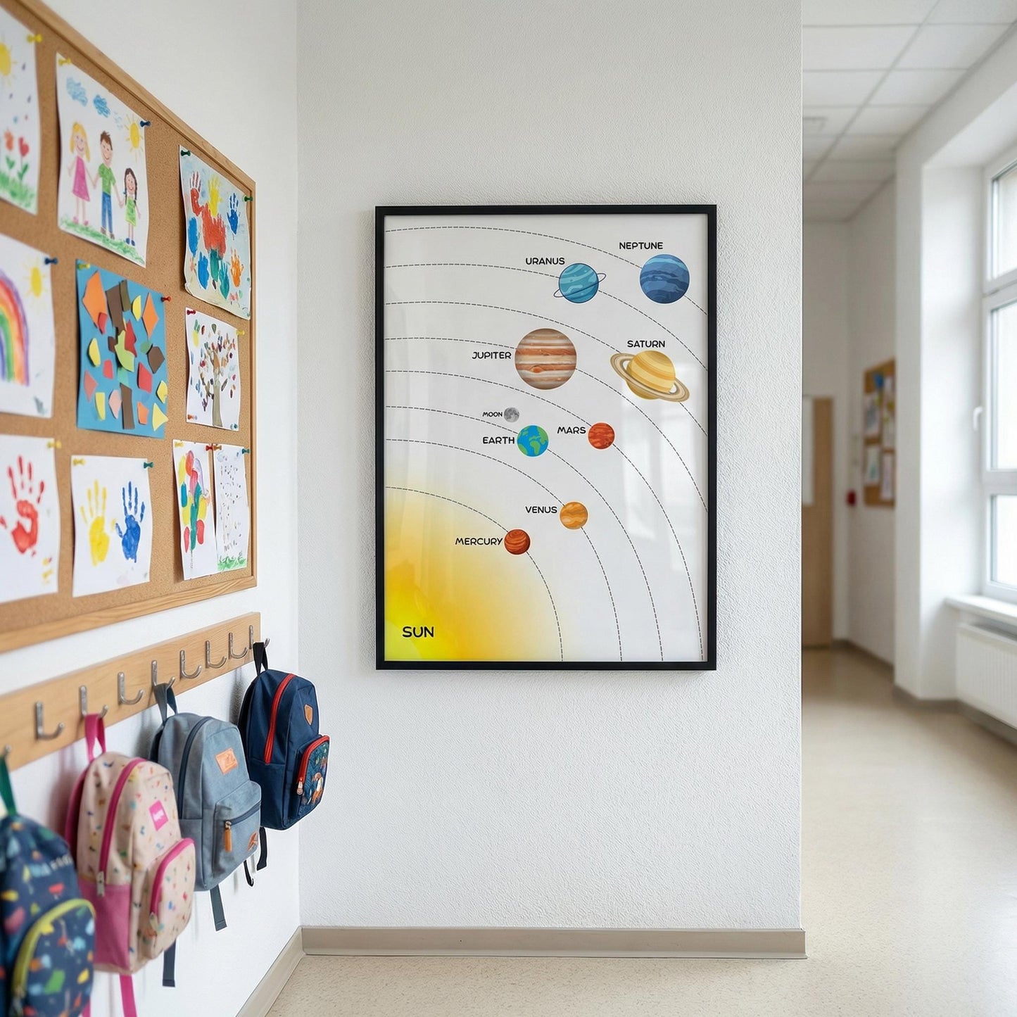 Solar System science wall chart printable for kids, combining colorful illustrated planets and a classic reference layout to support early astronomy education.