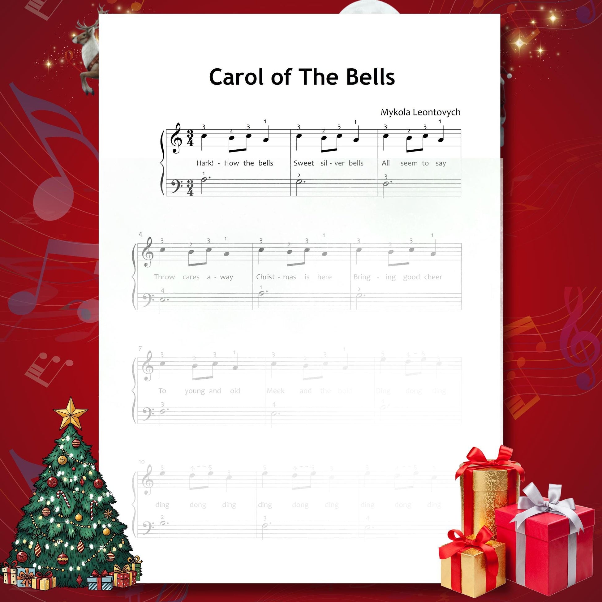 Carol of the Bells by Mykola Leontovych downloadable and simplified Christmas piano sheet music PDF created for Grade 1 players, featuring lyrics, finger numbers, MP3 demo track, and tablet-compatible PNG files for bright holiday music learning.