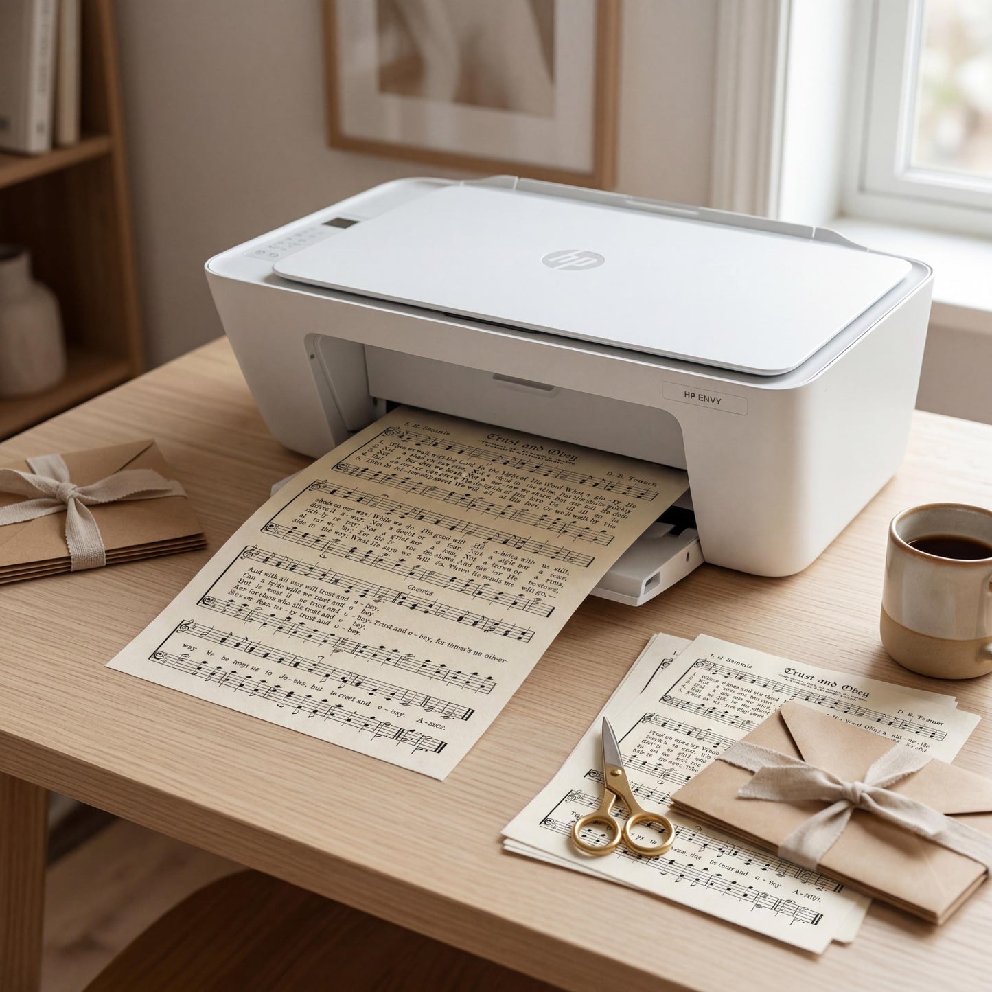 A white HP printer is sitting on a wooden desk, with sheet music and envelopes nearby.