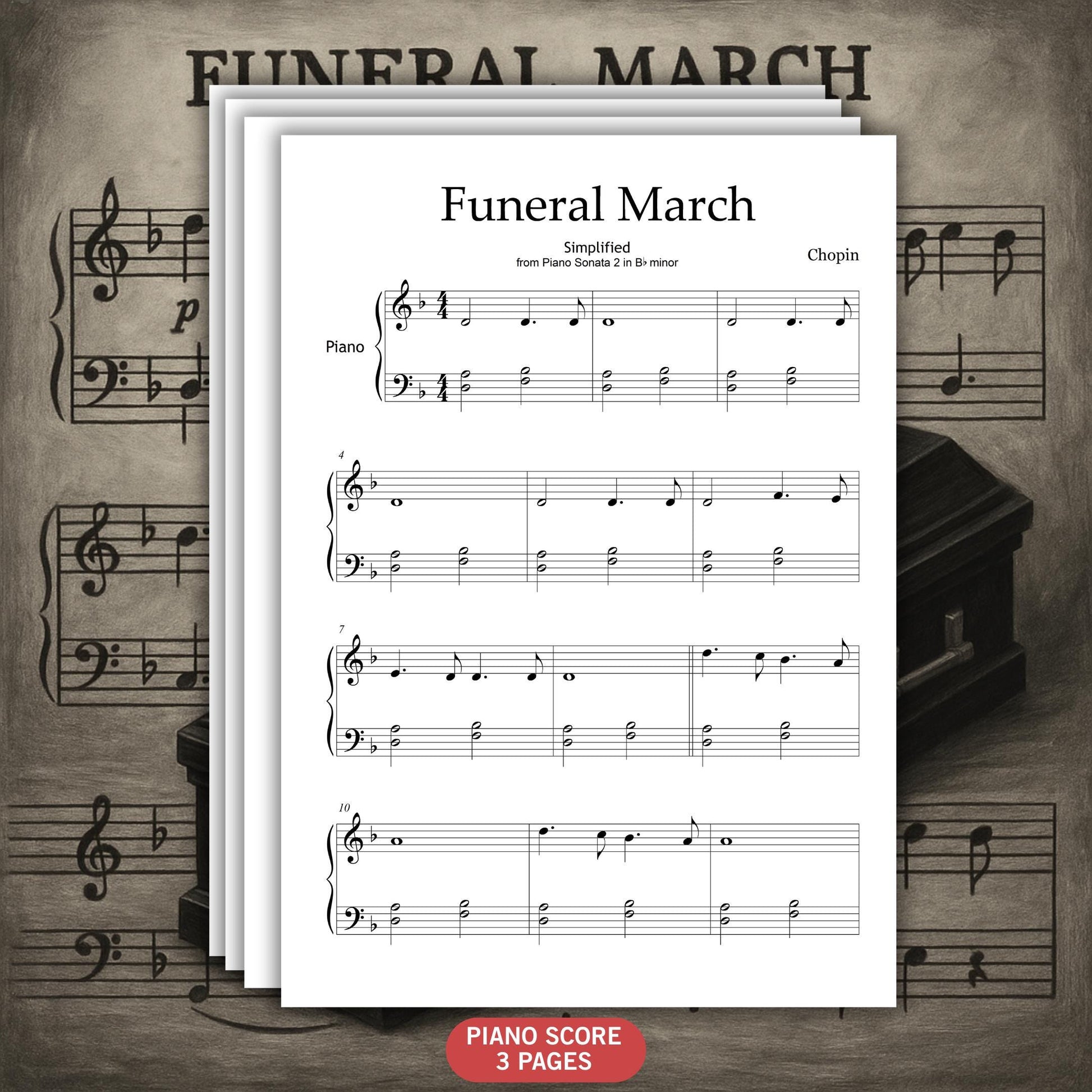 Chopin Funeral March beginner piano sheet music Grade 1, simplified Halloween edition in printable PDF, note-named score and color-coded version included, with MP3 reference recording and MP4 video tutorial.