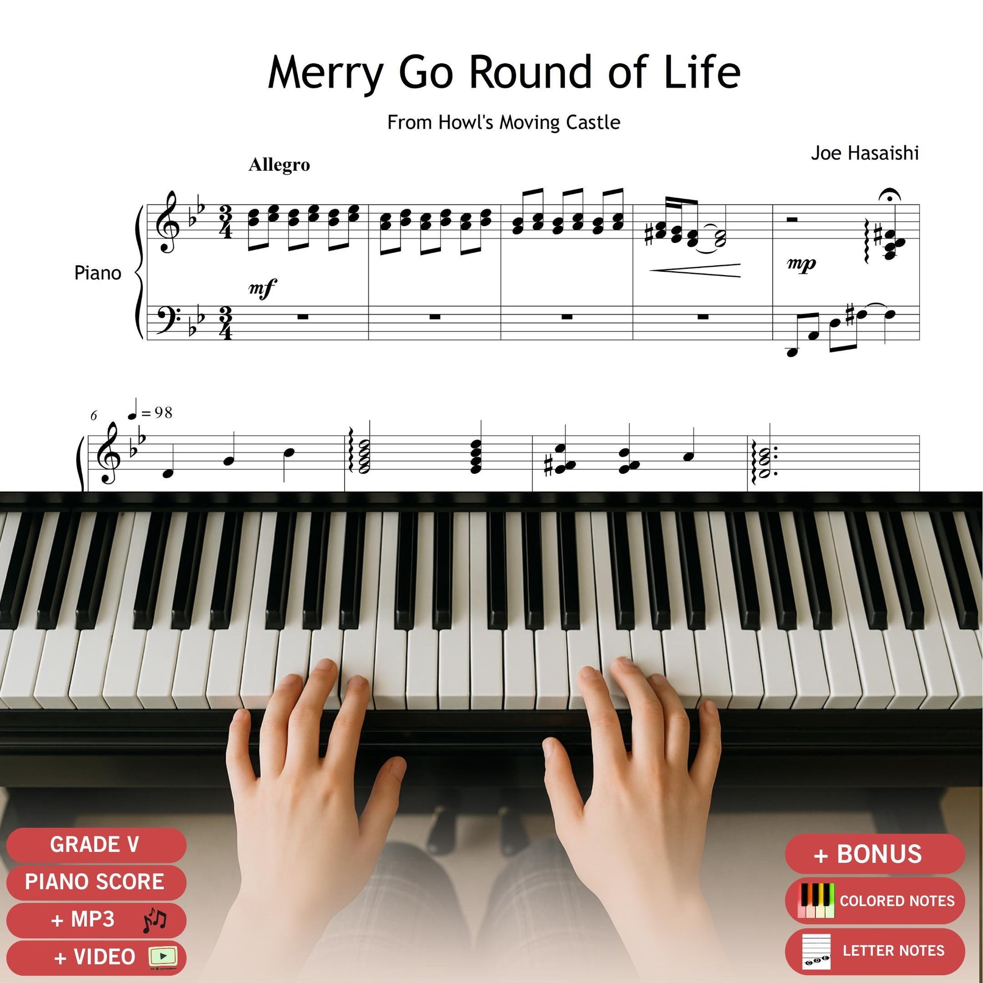Merry-Go-Round of Life by Joe Hisaishi Grade 5 piano sheet music PDF, professional arrangement from Studio Ghibli’s Howl’s Moving Castle, downloadable 12-page high-resolution score with MP3 reference recording and MP4 tutorial video, faithful to the original orchestral textures, perfect for advancing students and recital use.