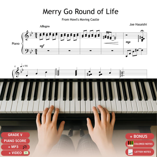 Merry-Go-Round of Life by Joe Hisaishi Grade 5 piano sheet music PDF, professional arrangement from Studio Ghibli’s Howl’s Moving Castle, downloadable 12-page high-resolution score with MP3 reference recording and MP4 tutorial video, faithful to the original orchestral textures, perfect for advancing students and recital use.