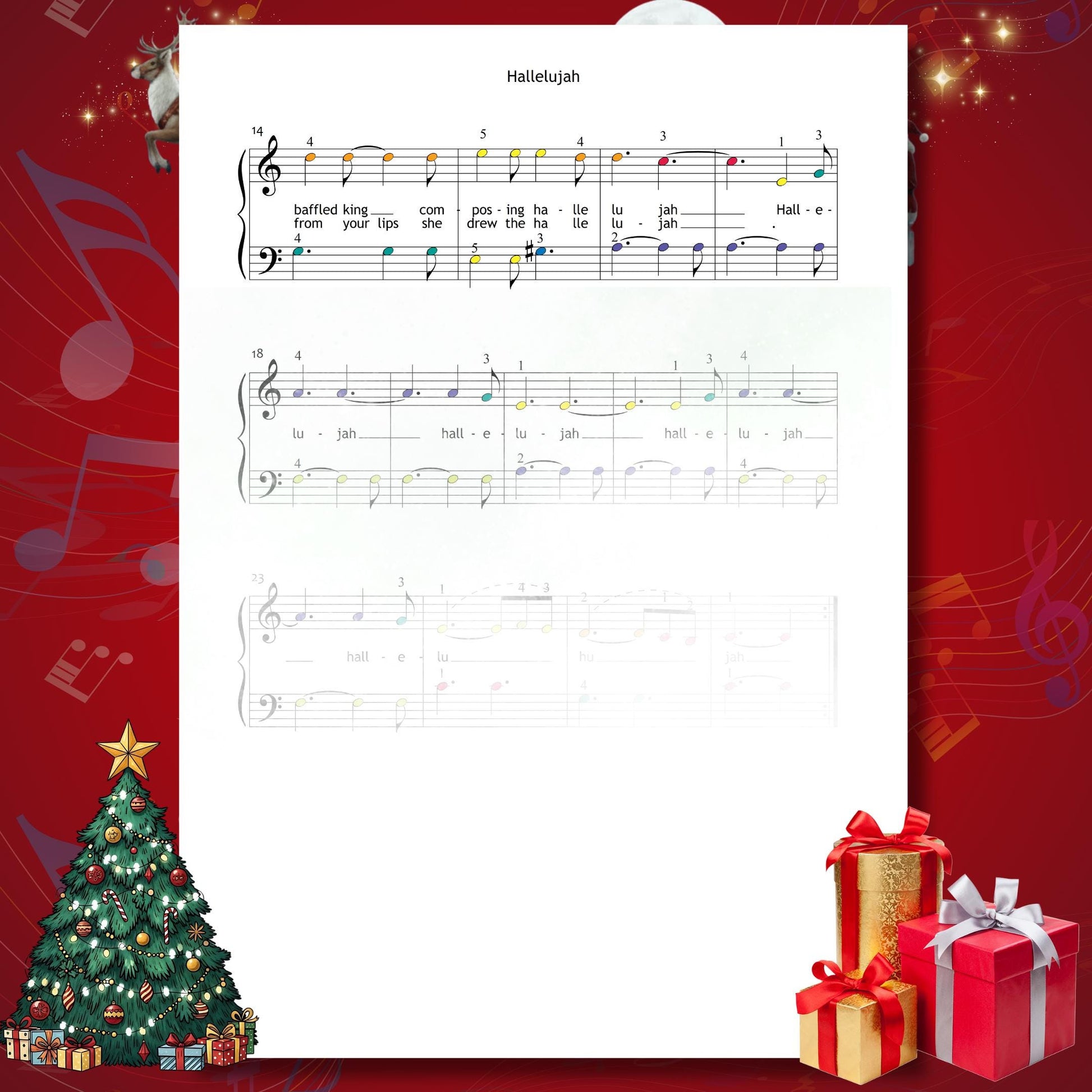 Hallelujah by Leonard Cohen beginner piano sheet music PDF gives learners a meaningful winter piece with lyrics and clear spacing suited for both classroom and home practice.