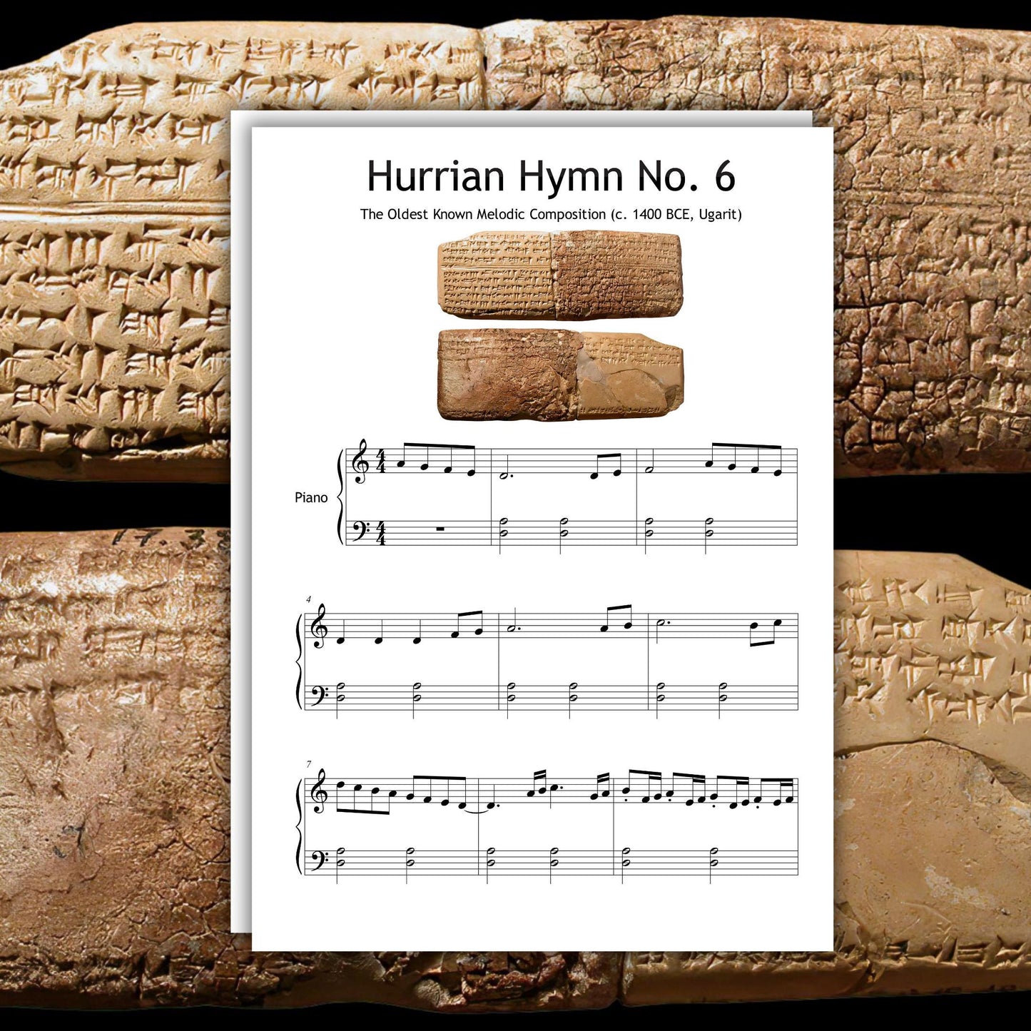 Beginner piano sheet music Hurrian Hymn No. 6, the world’s oldest melody from ancient Ugarit, Grade 1 simplified PDF with note names, color-coded notes, MP3 audio, and MP4 video tutorial, ideal for lessons.

Hurrian Hymn No. 6 oldest known composition Grade 1 beginner piano sheet, printable PDF with simplified score, note names, and color notes, MP3 reference track and MP4 video tutorial included.