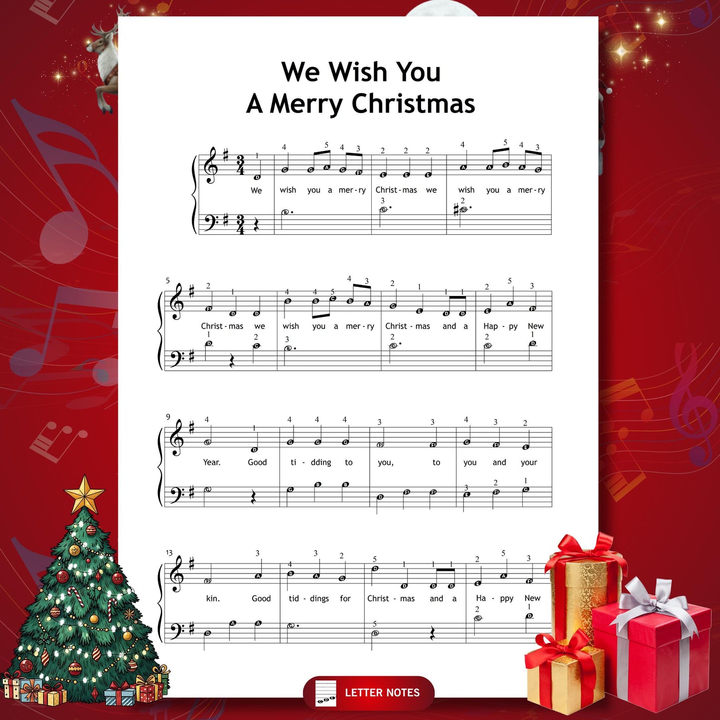 We Wish You a Merry Christmas by Traditional beginner piano sheet music PDF offers a lively Grade 1 adaptation with lyrics included, suitable for students preparing for school concerts, studio recitals or family celebrations.