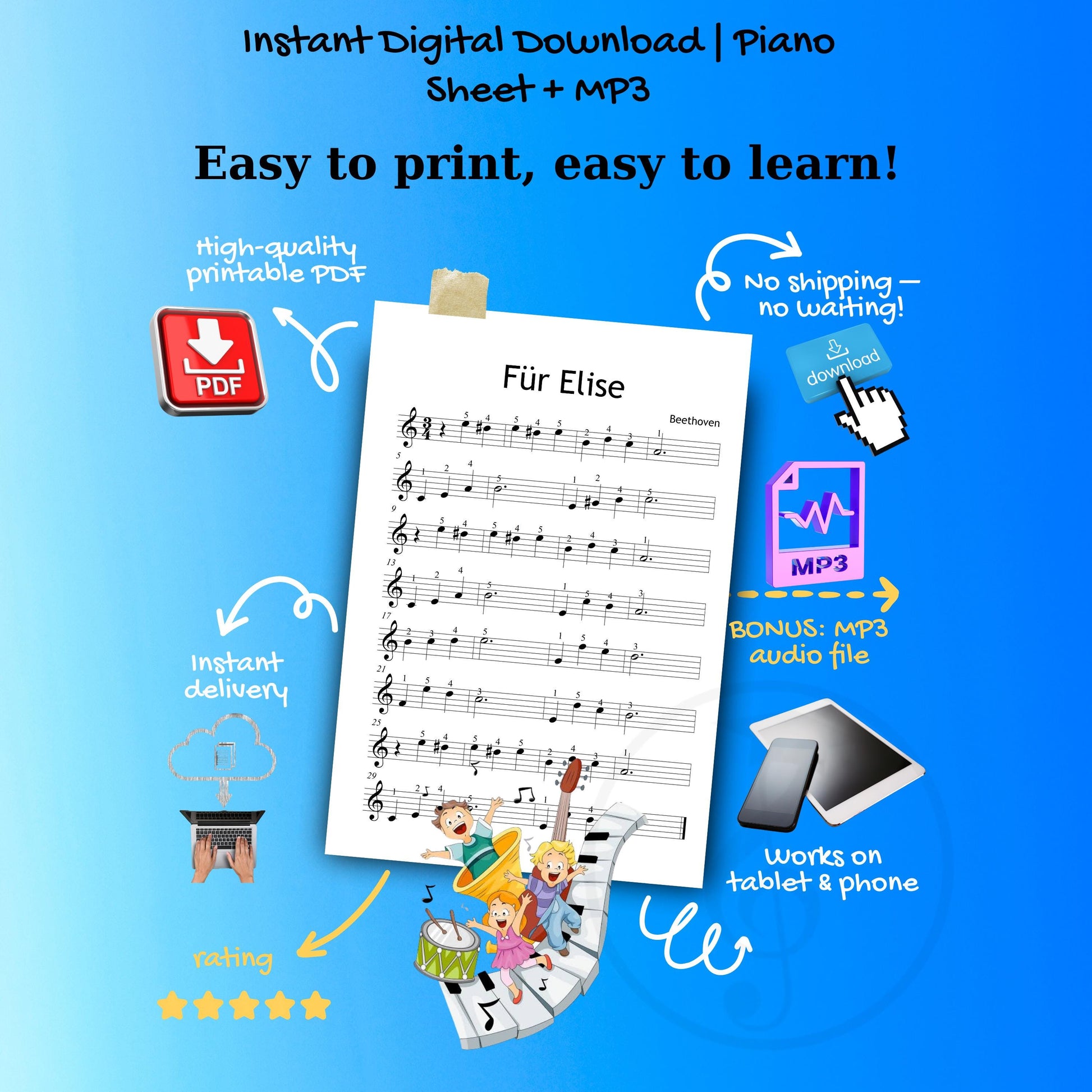 Für Elise - Grade 0 Simplified Beginner Piano Sheet | Easy Beethoven Music PDF | Color Notes + Finger Numbers + MP3 + MP4 Video For Elise