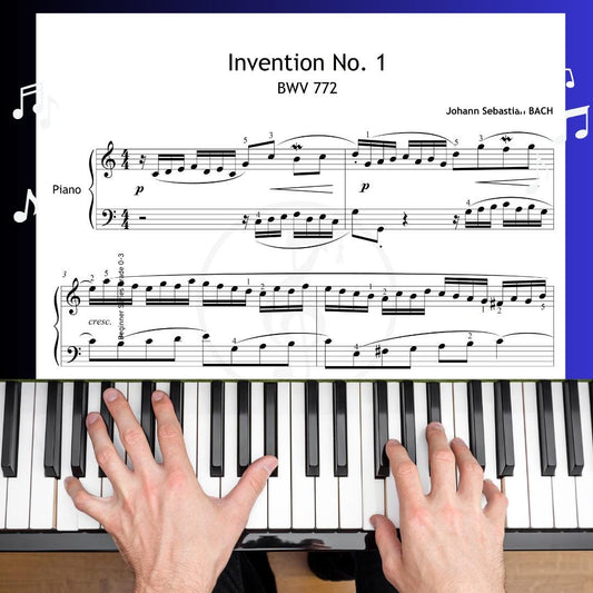 Bach Invention No.1 professional sheet music PDF for piano, featuring Baroque-era engraving with fingerings, clean layout, and instant digital download icons – ideal for classical musicians and students.