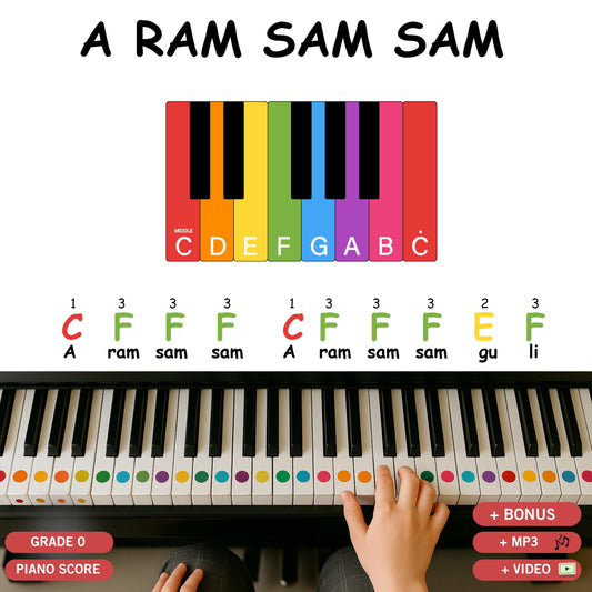 A Ram Sam Sam | Color Coded Notes, Right Hand Piano Beginner Piano Sheet Music