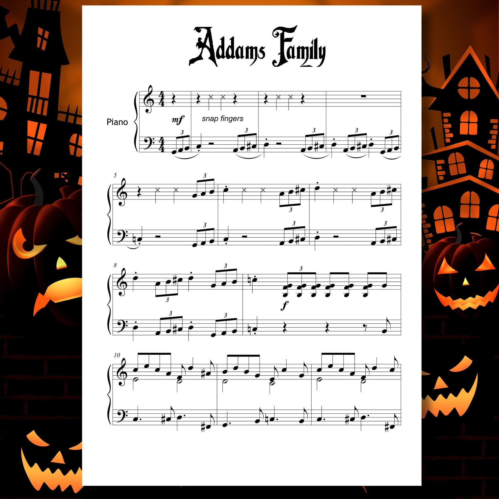 Beginner Halloween Piano Bundle featuring Casper, Addams Family Theme, Ghostbusters, Thriller, Jaws Theme, Chopin Funeral March, Gounod Funeral March of a Marionette, Danse Macabre by Saint-Saëns, Grieg’s In the Hall of the Mountain King, Phantom of the Opera, and Harry Potter Hedwig’s Theme, Grade 1–2 simplified PDF with note names, color notes, MP3, and MP4.