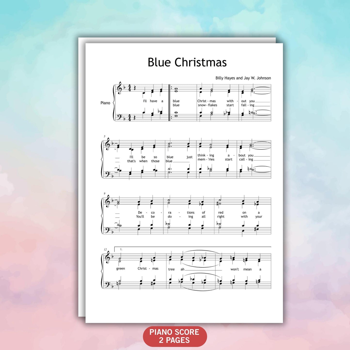 Blue Christmas by Billy Hayes and Jay W. Johnson downloadable and simplified piano sheet music PDF presented as a Grade 3–4 piano and SATB choir score featuring finger-number guidance, color-coded notation, note-name support, and manuscript-aligned editing for Christmas concert preparation.