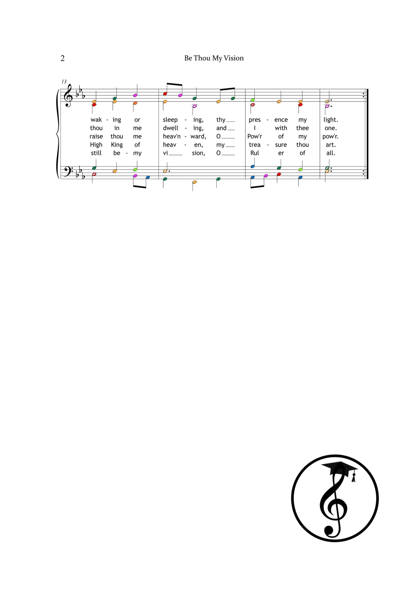 Be Thou My Vision traditional Irish hymn by Mary Byrne downloadable and simplified piano sheet music PDF displayed as a printable choir and piano score featuring finger numbers, color-coded notes, note-name versions, and manuscript-accurate engraving suitable for worship leaders, choirs, and devotional settings.